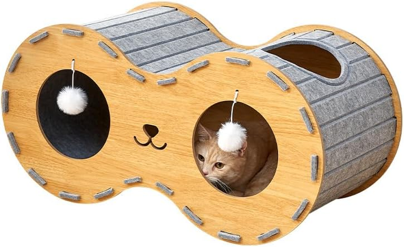 Cat Beds for Indoor Pets, 31.5" (80Cm) Extra-Large Cat Cave for Multi-Pet, Cozy House with Fluffy Ball Hanging, Scratch Resistant Felt Kitten Hideaway Bed, Feline Tunnel, Heavy Duty Wood,Grey Felt image number 4