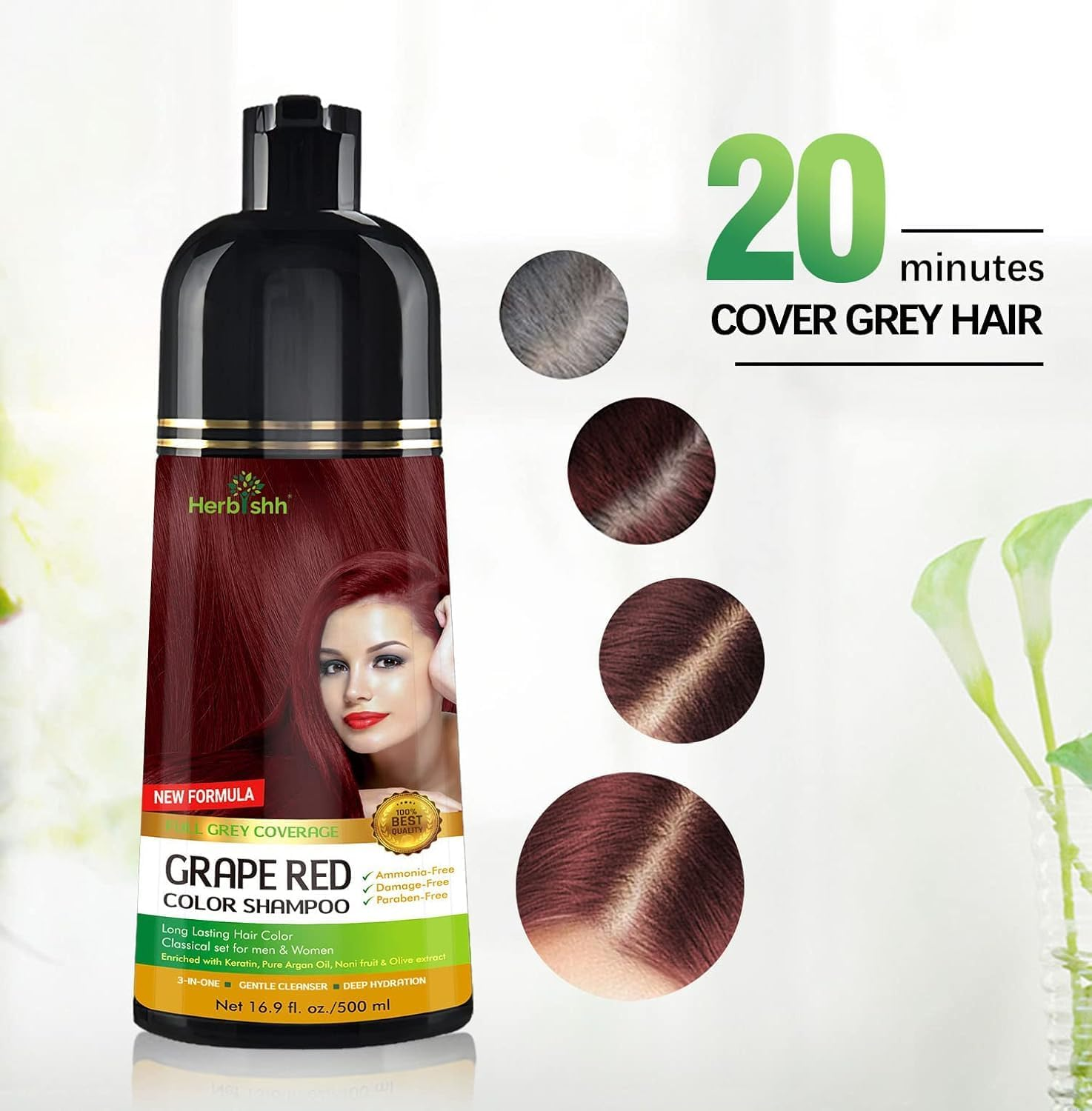 Herbishh Hair Color Shampoo (Grape Red) + Hair Growth Serum | 3-In-1 Ammonia-Free Hair Dye Shampoo | Deep Red Gray Hair Coverage & Lightweight Botanical Hair Serum | Hair Color Combo &ndash; 500Ml image number 3