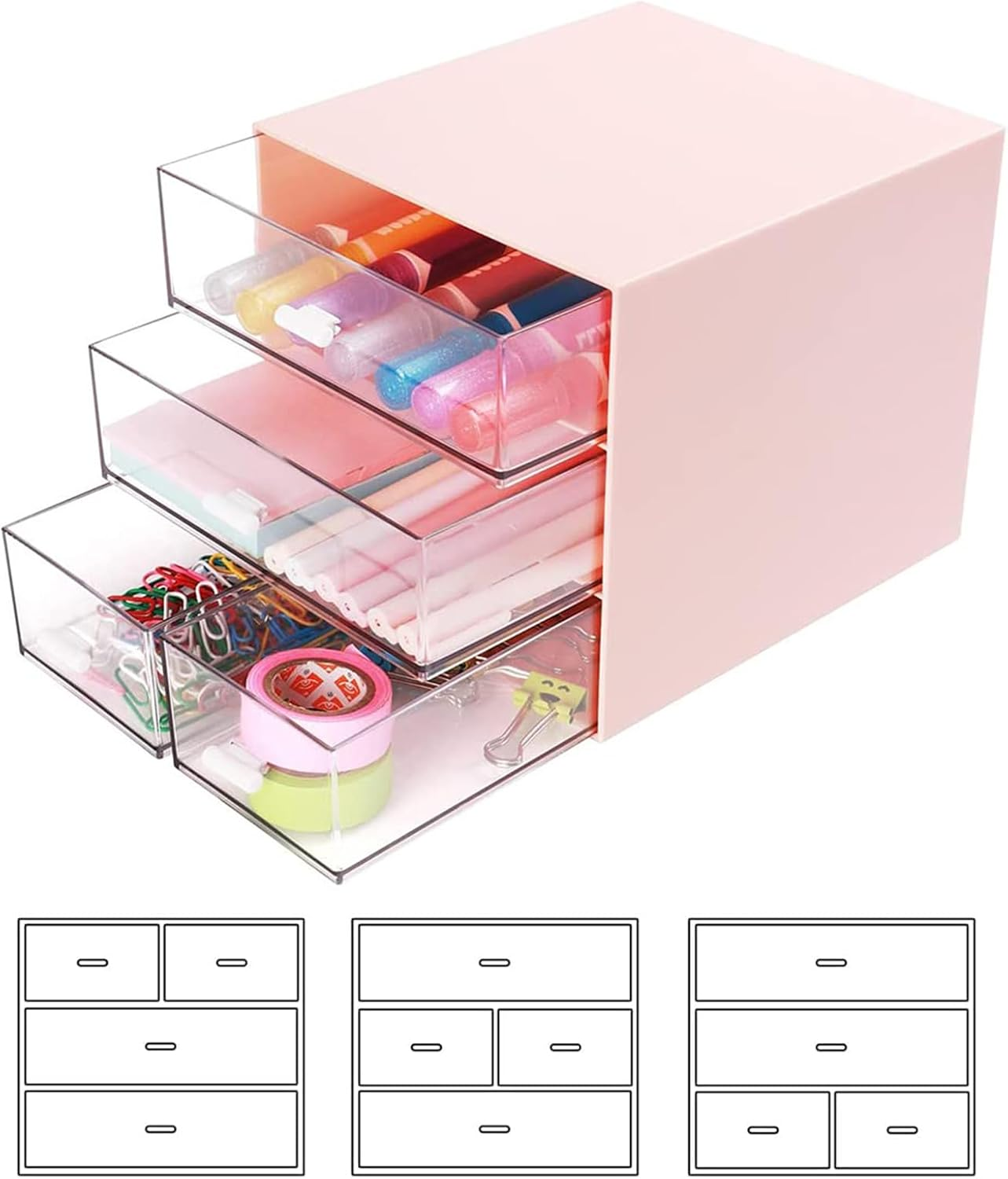 Esk Storage, Makeup Storage Box Clear Plastic Desk Storage Box Cosmetic Storage Organizer with 4 Drawers Desktop Organizer for Office School Home Bathroom, Pink image number 4