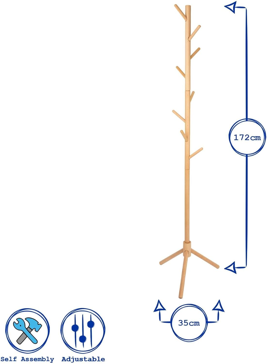 Harbour Housewares Black Wooden Coat Rack Stand with 8 Hooks - Hall Tree Entryway Storage Floor Freestanding Coat Stand for Clothes, Jackets, Bags, Hats