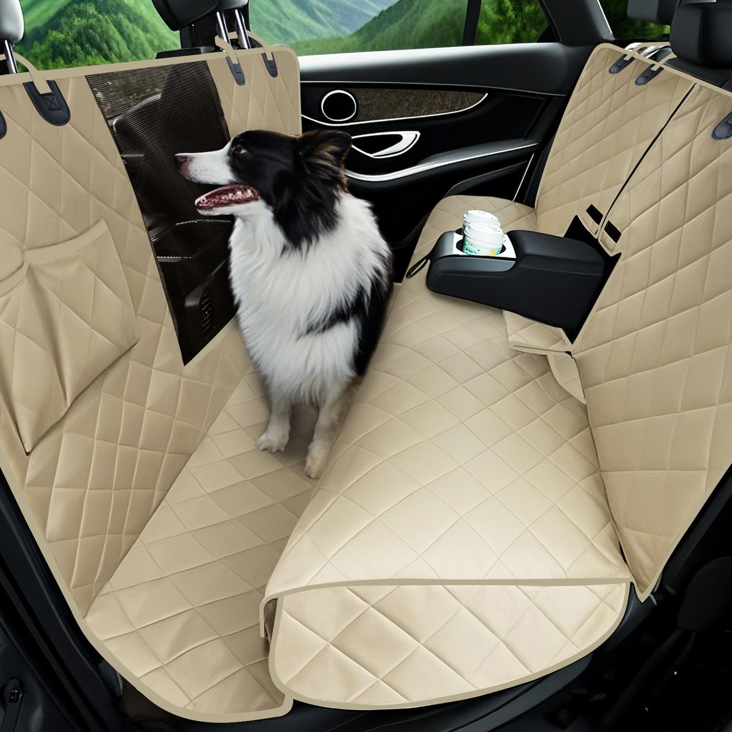 Lassie 4 in 1 Full Coverage Dog Car Floor Hammock,100% Waterproof Dog Car Seat Covers for Back Seat with Mesh Window for Sedans,Backseat Bench Protector for Cars, Suvs and Trucks Etc