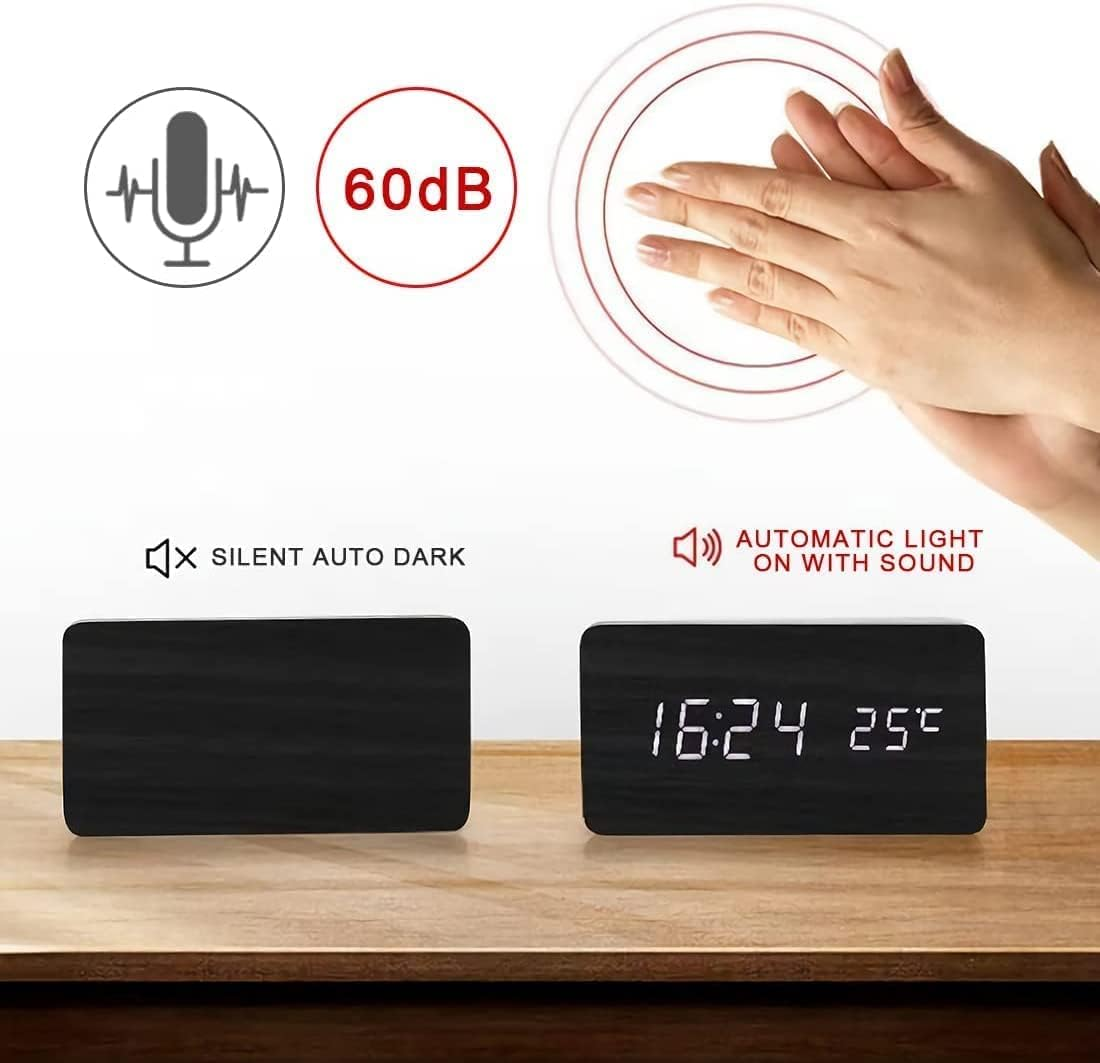 Wooden Digital Alarm Clock with Wireless Charging, 3 Alarms LED Display, Sound Control and Snooze Dual，Adjustable Brightness, Time Temperature (Black) image number 5