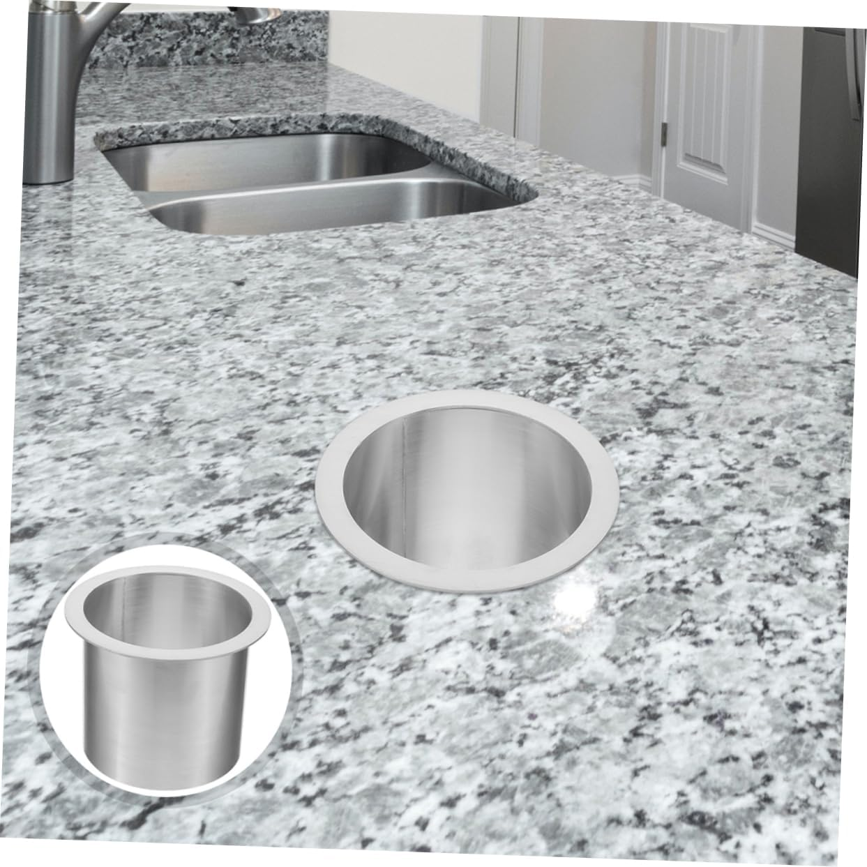 Luxshiny round Stainless Steel Drop-In Trash Chute Grommet 304 Metal Built-In Kitchen Counter Waste Bin Insert for Desktop image number 5