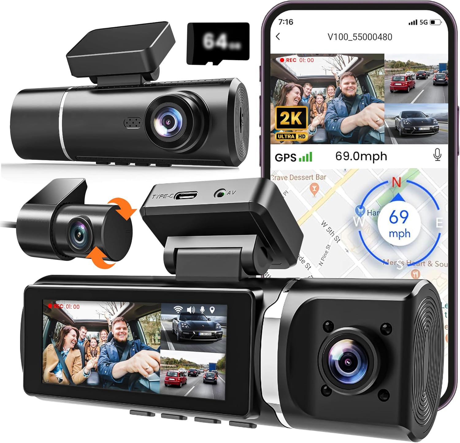3 Channel Dash Cam Front and Rear, 3.2&rsquo;&rsquo; IPS Screen, Three Way Triple Dashcam for Cars, 1440P+1440P+1080P with STARVIS IR Night Vision, 24H Parking Mode, Motion Detection, WDR image number 4