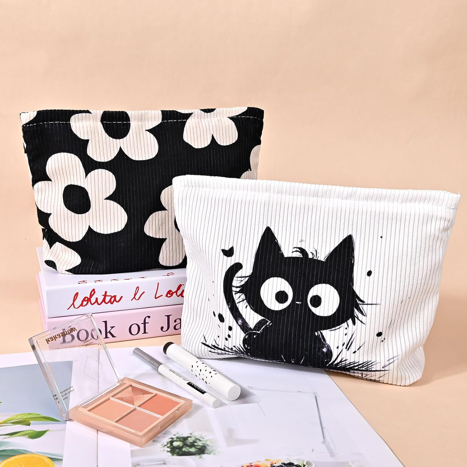 Ksriylm Cute Makeup Pouch for Women Flower Small Make up Bag for Purse Zipper Initial Cosmetic Bags Pouches for Purse Aesthetic Travel Toiletrybags Gift,Black White Floral image number 2