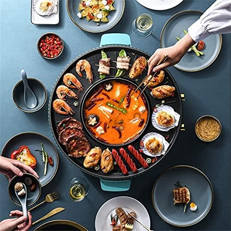 Electric Barbecue Hotpot 2 In1 BBQ Grill Non-Stick Barbecue Pan Smokeless Hot Pot Machine BBQ (AU Plug) (Green) - White image number 2