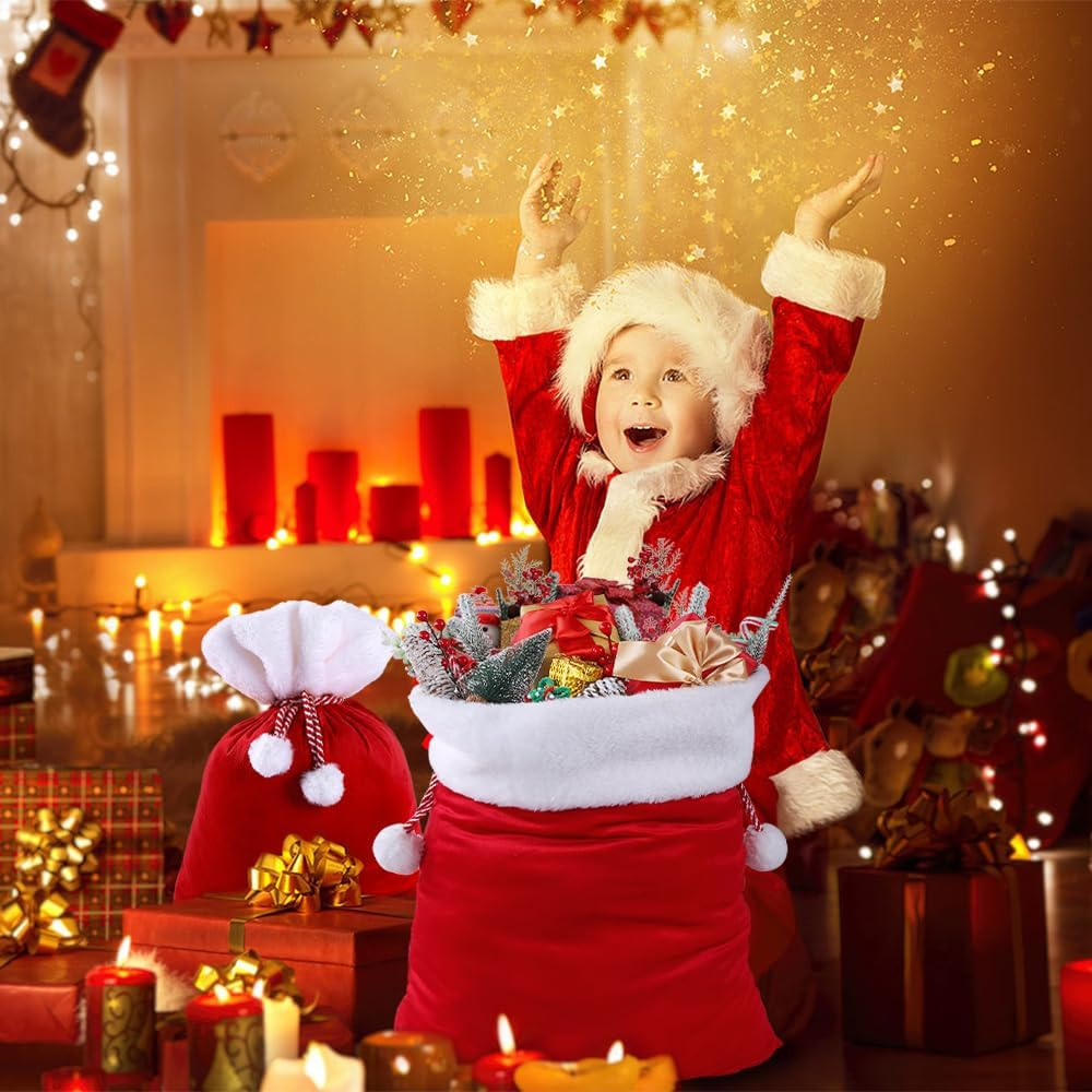 DIYDEC 2Pcs Christmas Velvet Santa Bags with Drawstring - Red Santa Gift Bags Large for Xmas Present Party Supply