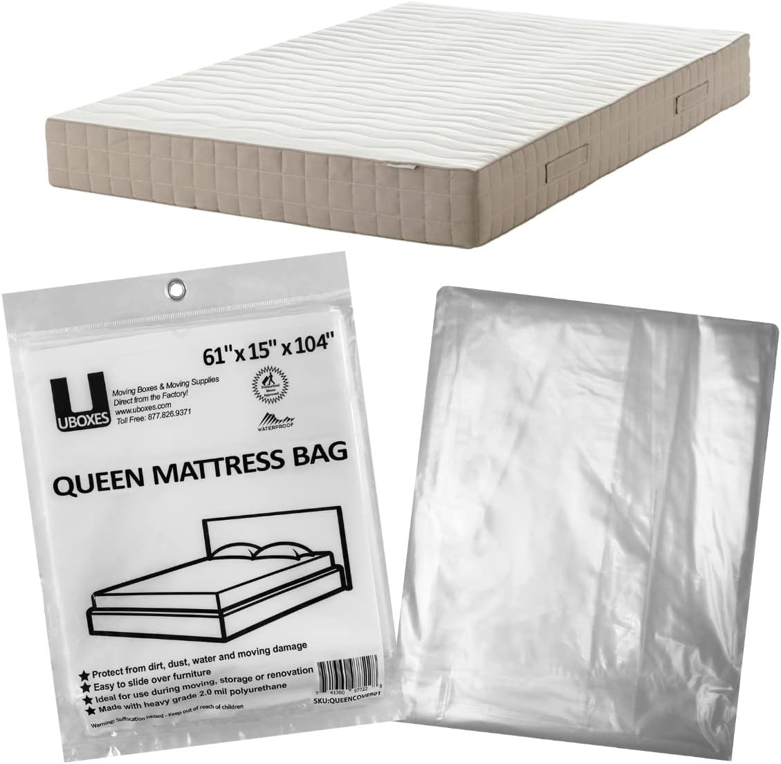 Uboxes Queen Mattress Clear Plastic Poly Covers, 61 X 15 X 104 Inch, Heavy Duty 2 Mil, 1 Pack image number 6