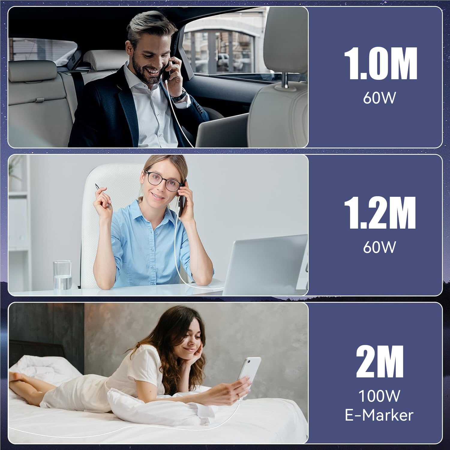 USB C to USB C Cable, 3Pack[1M 60W+1.2M 60W+2M 100W], Type C to C Cable Fast Charging Cord for Iphone 16/15/Pro/Pro Max/Plus, Macbook Air 13 Inch/Ipad Pro/Air, Samsung Galaxy S24 S23, Macbook Air image number 3