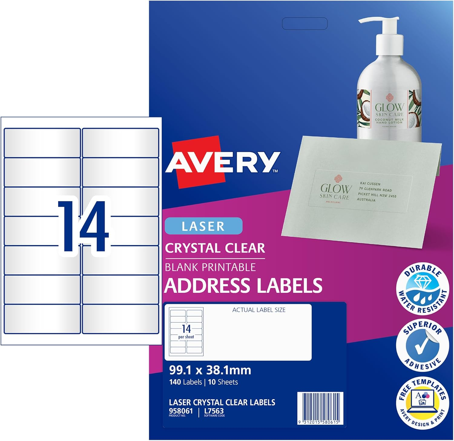 Avery Crystal Clear A4 Address Labels for Laser Printers - Printable Packaging & Shipping Labels - Transparent Mailing Stickers - 99.1 X 38.1 Mm, 140 Labels / 10 Sheets (958061 / L7563) image number 1