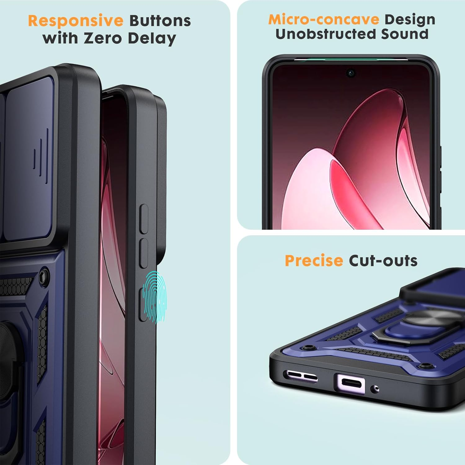 Oududianzi - Case for Oppo Reno 13 F 4G/5G Mobile Phone Case, [Pack of 2 Screen Protectors] with Sliding Camera Cover, Rotating Finger Ring Stand, Shockproof, Scratch-Resistant Protective Case - Blue - Black image number 5