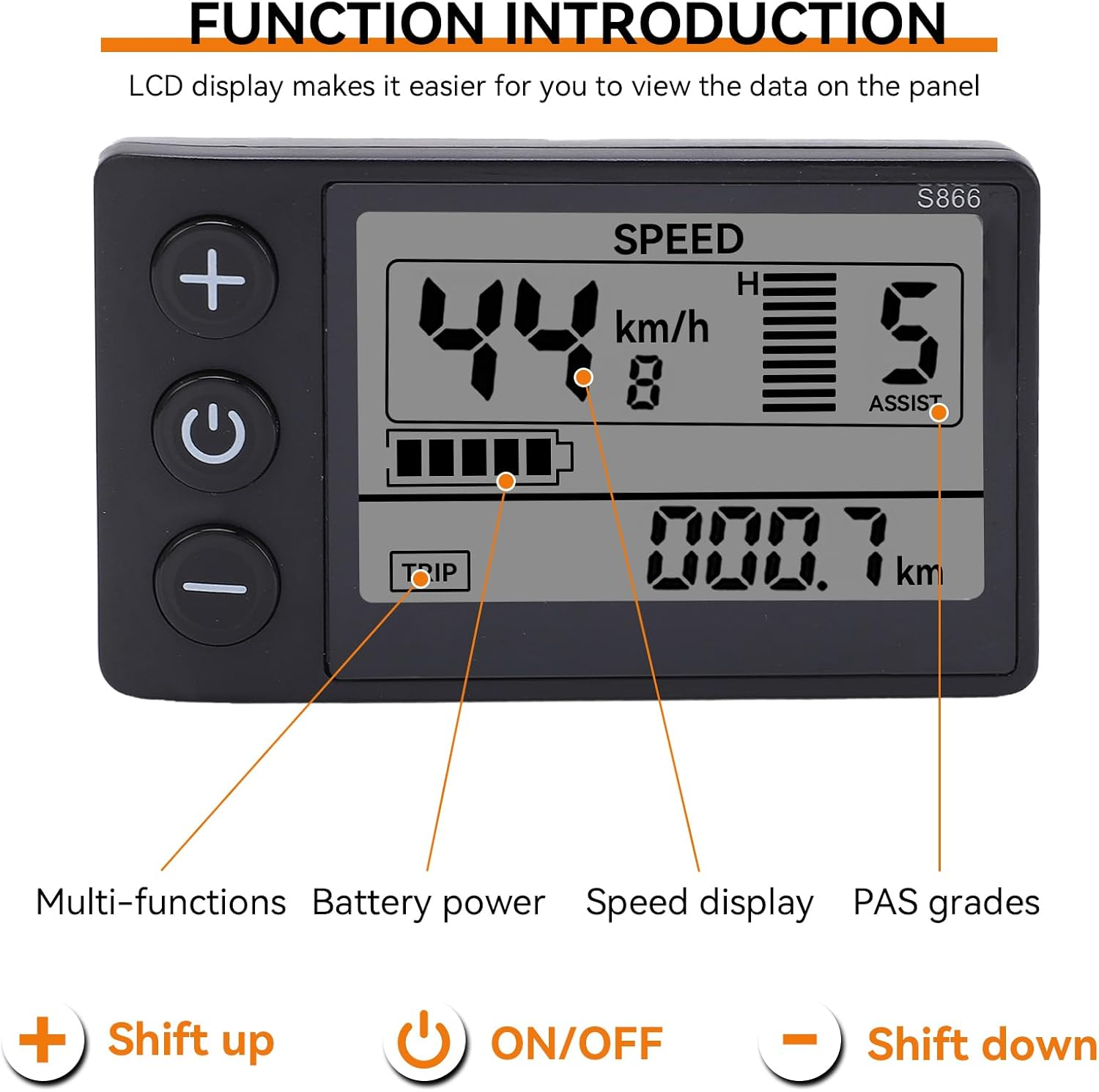 Electric Bike LCD Display Meter, 24V 36V 48V E Bike Display Meter Control Panel with Waterproof Plug Conversion Kit for Electric Scooter 22.2Mm/0.9In Handlebars image number 1