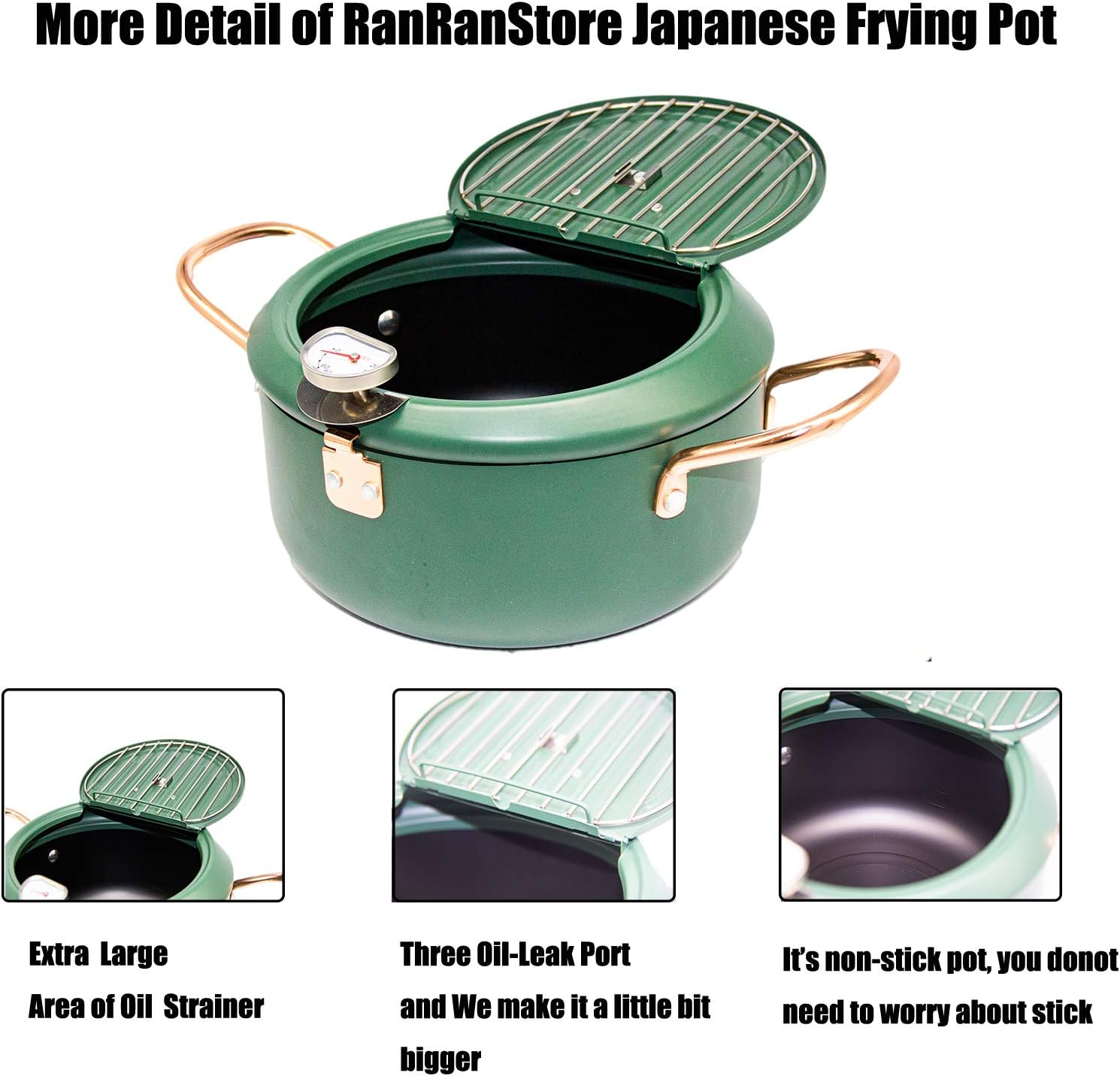 Cyrder Japanese Tempura Deep Fryer Pot with Fahrenheit Thermometer 3.5L- Nonstick Carbon Steel Oil Fryer, Fried Tempura/Chicken/Fish/Shrimp, Easy Clean, Green Big Tempura Pan, 10.2Inch image number 3