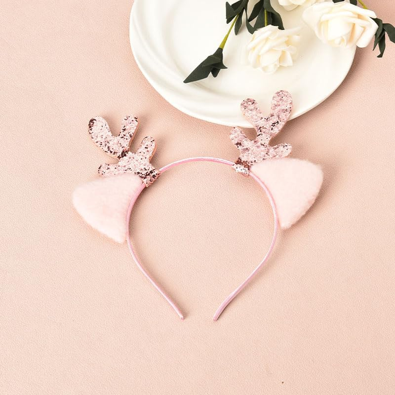 Christmas Elk Headbands for Women Girls Reindeer Antler Ears Headband Headwear Xmas Costumes Pink Hair Accessories for Christmas Headpiece for Kids Cosplay Party Gift - Pink image number 3