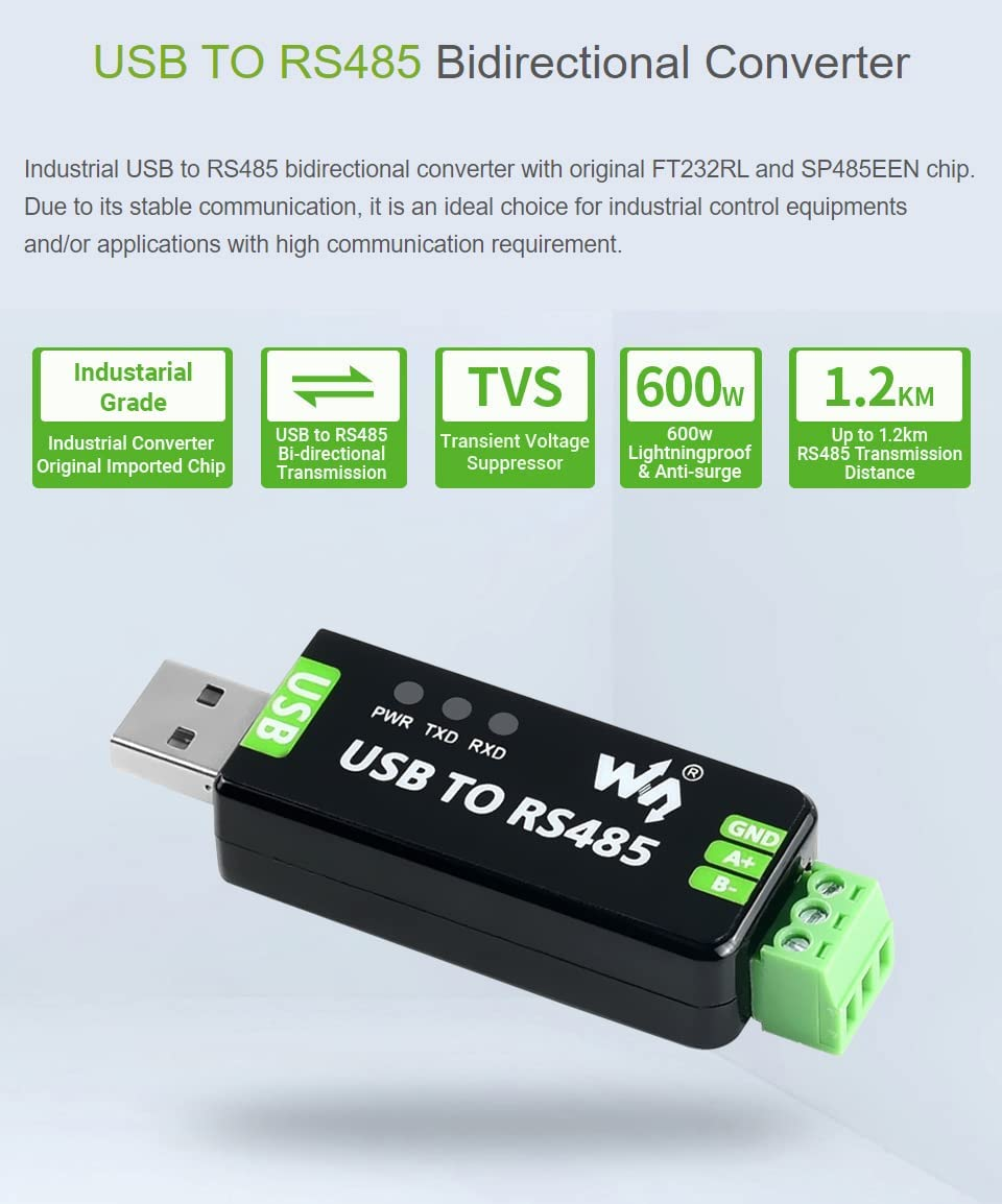 Waveshare Industrial USB to RS485 Converter with Original FT232RL and SP485EEN Embedded Protection Circuits for Industrial Control Equipments And/Or Applications with High Communication Requirement image number 2
