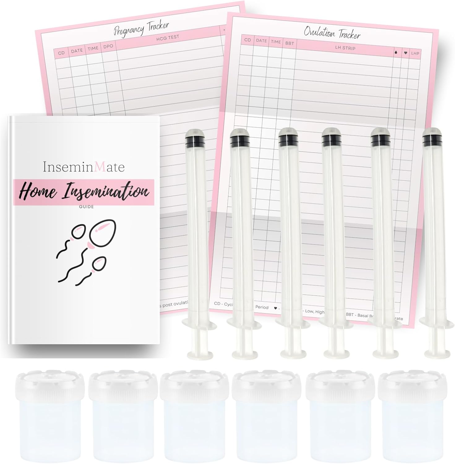 At Home Insemination Kit, 6 Insemination Syringes and 6 Collection Cups, Guide on How to Use, Pregnancy and Ovulation Trackers