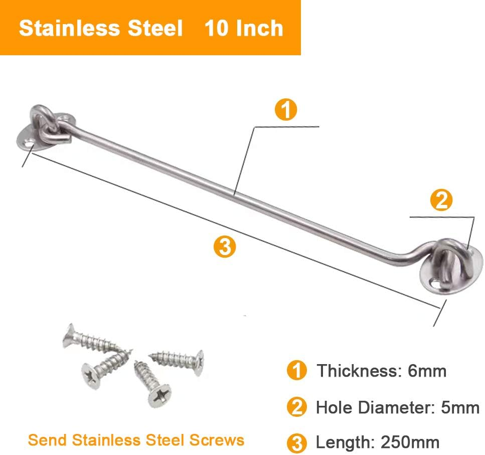 2Pcs Stainless Steel Cabin Door Hook & Eye Latch Lock Shed Gate Catch Silent Holder 10" image number 1