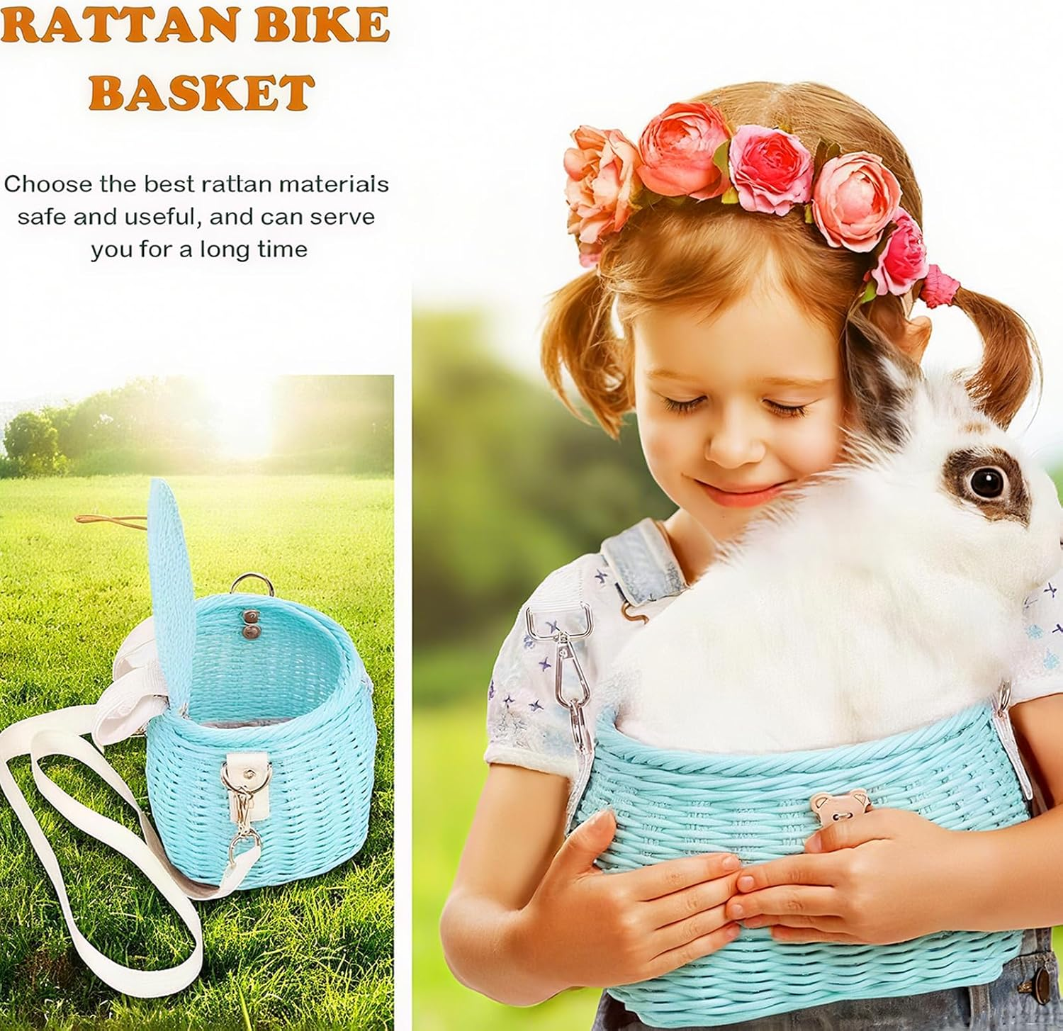 Kids Bike Basket Set, Bike Scooter Tricycle Basket, Children Cycling Basket, Children Bike Basket Handwoven Backpack with Lid Shoulder Strap, Rattan Basket, Front Handlebar Basket image number 3