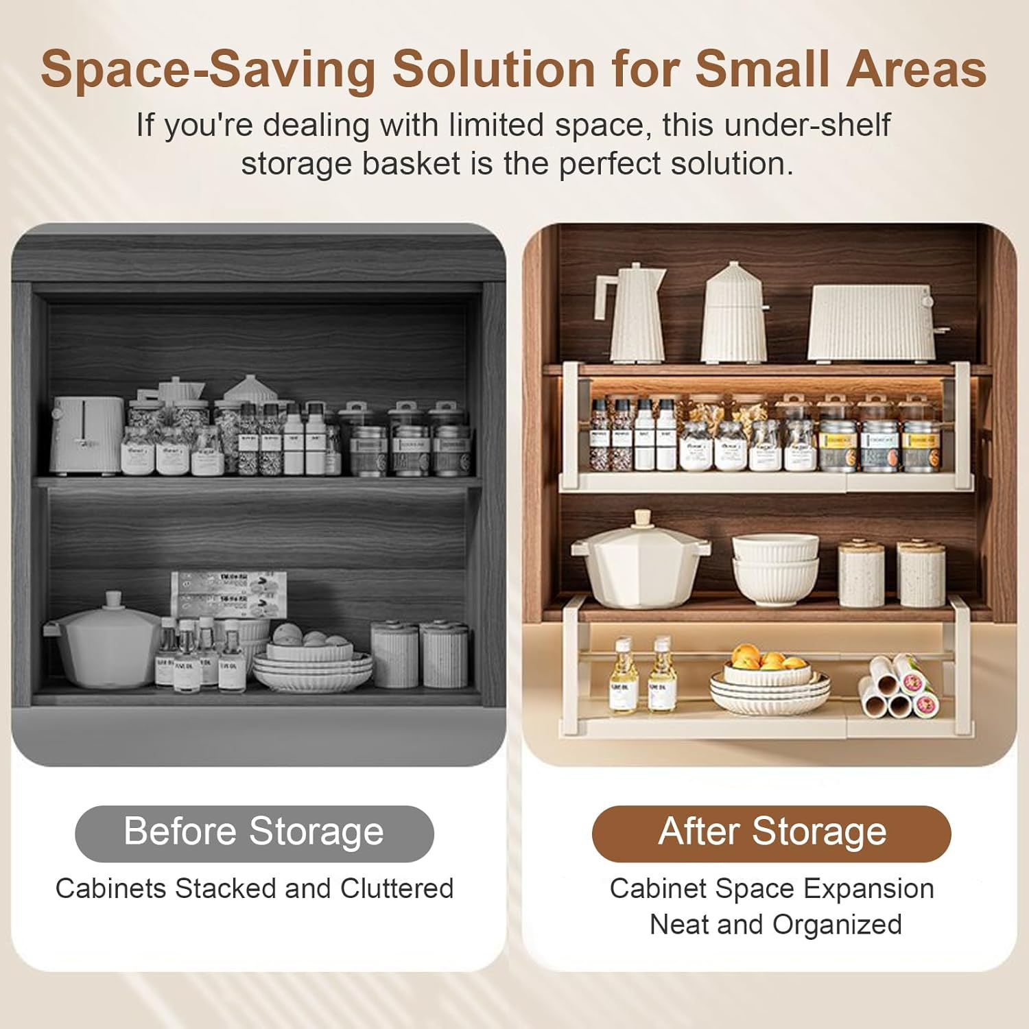 2 Pack under Shelf Storage Basket Organizer, Adjustable Hanging under Cabinet Shelf Add-On Storage Racks Slide-In Baskets Organizer for Laundry Room Kitchen Pantry (Milky White) image number 3