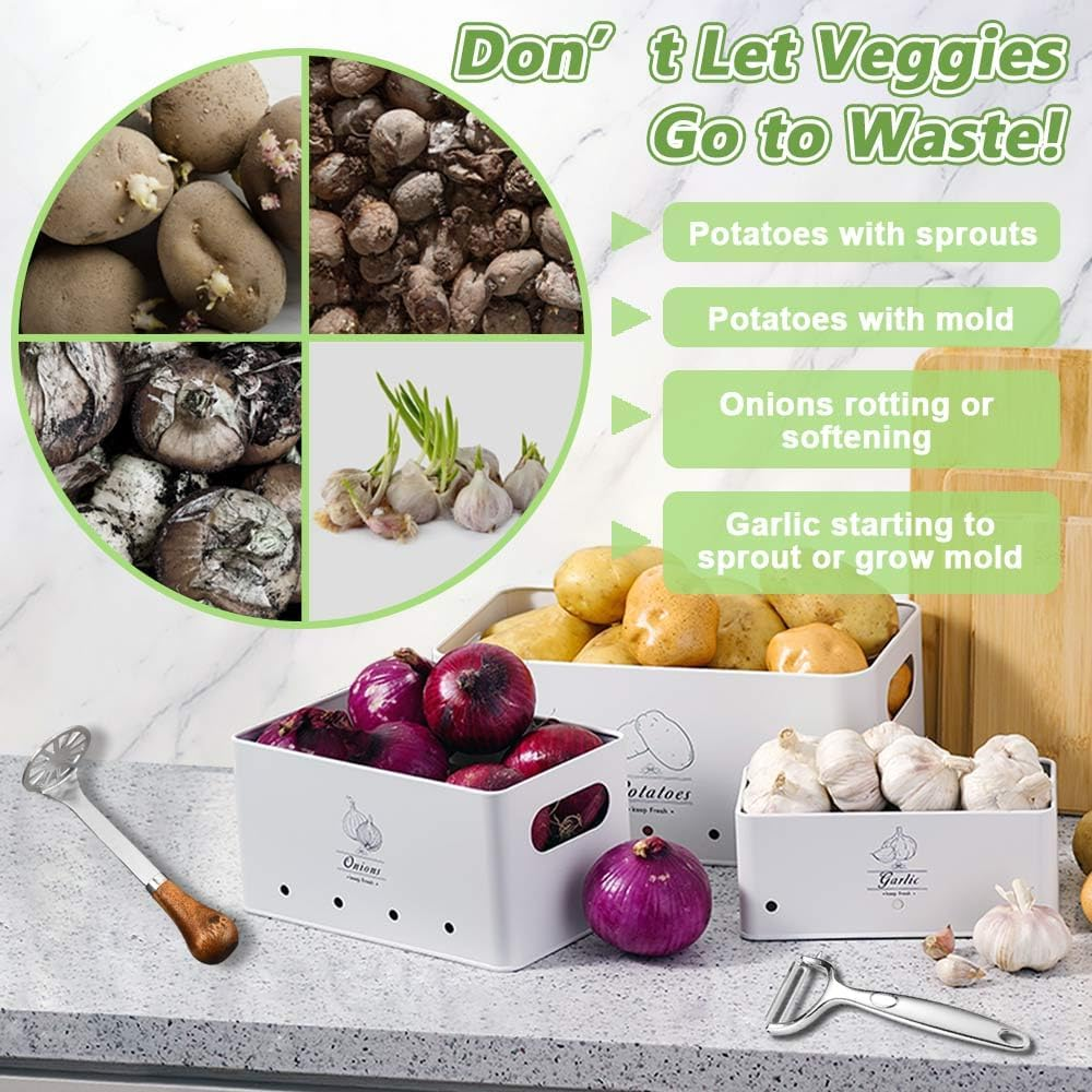 8PCS Kitchen Vegetable Storage Containers,Potato and Onion Garlic Storage Bin with Peeler,Slicer,Masher,Garlic Press & Cloth, Carbon Steel Potato Storage Box with Airflow & Wooden Lid (White) image number 3