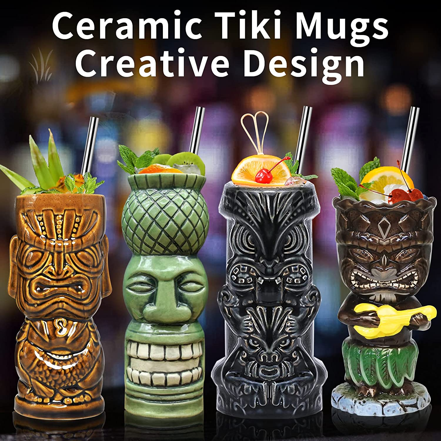 Tiki Glasses for Cocktails Tiki Mugs Set of 4 Ceramic Party Cups Bar Decor Creative Large Hawaiian Drinking Decorations Vintage Tropical Drinkware Barware 4 Packs