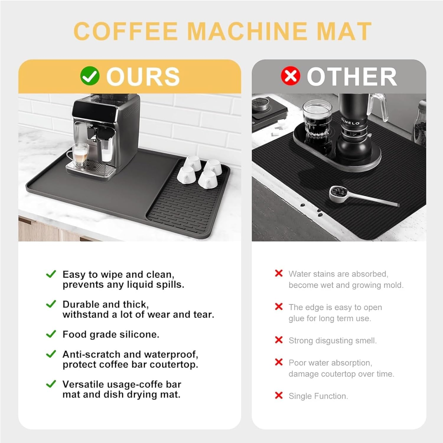 Silicone Coffee Mat with Detachable Dish Drying Mat for Kitchen Countertops, Coffee Bar, Accessories Fit under Coffee Maker Machine Coffee Pot Espresso Machine Dish Rack (Black, A) image number 3