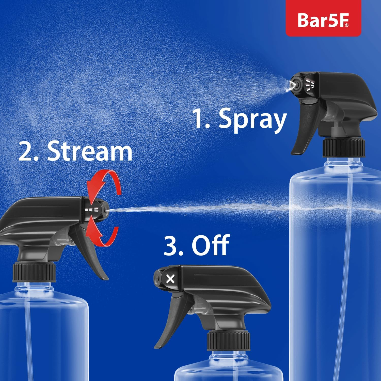 BAR5F Plastic Spray Bottle, BPA Free PETE1, 32 Ounce, Crystal Clear, N7 Sprayer - Spray/Stream/Off (Pack of 3) image number 1
