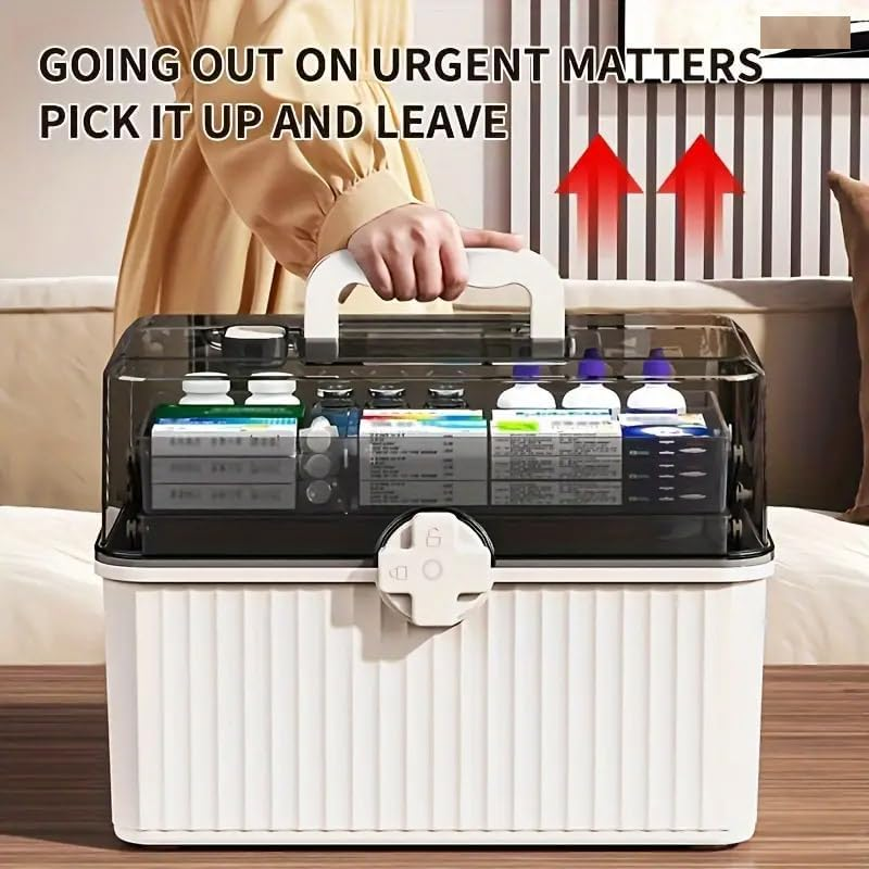 AIMALL Large-Capacity Multi-Layer Medicine Box with Lockable Transparent Lid &ndash; Home First Aid & Drug Storage Organizer for Emergency Use &ndash; White/Blue image number 5