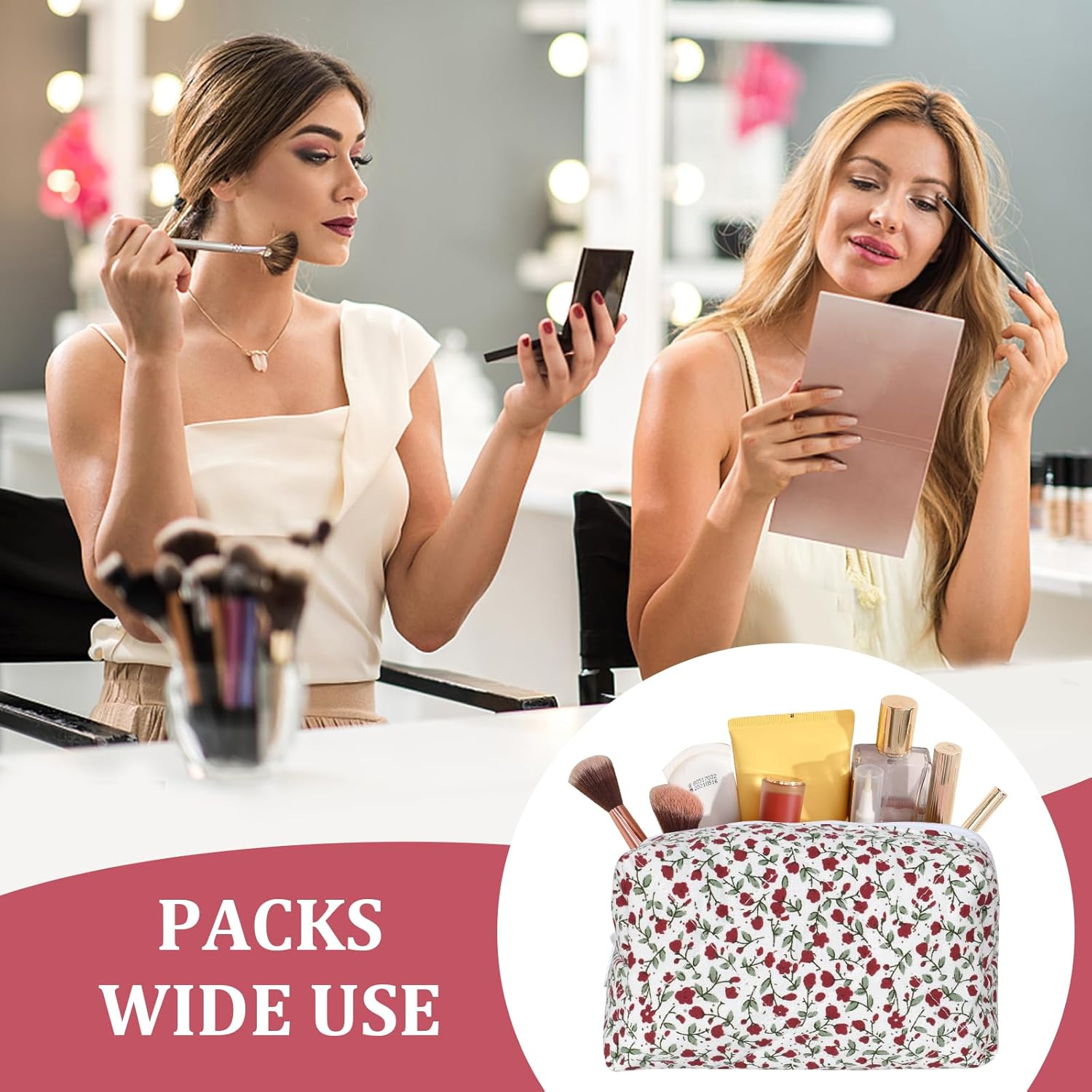 Travel Cosmetic Bag, Cosmetic Bag, Aesthetic Flowers, Quilted Toiletry Bag, Women'S Floral Toiletry Bag, Make up Bag, Aesthetic, with Zip, for Beauty Utensils, Red, Fashion image number 6