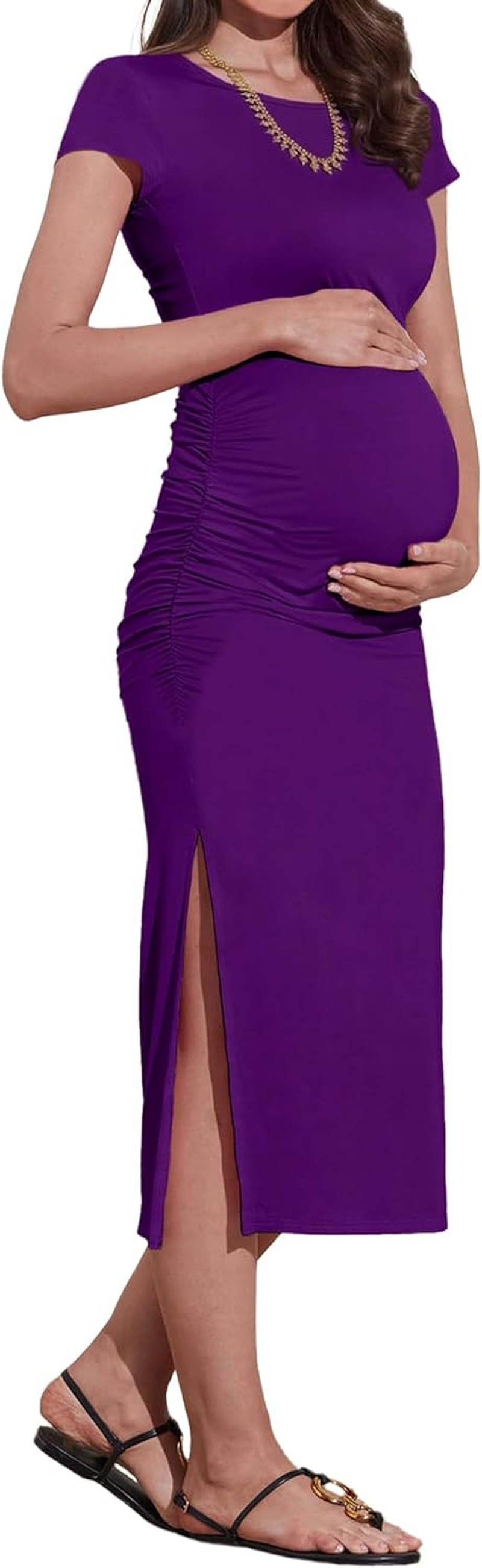Women'S Maternity Ruched Bodycon Dresses Short Sleeve Split Maternity Dresses Baby Shower Pregnancy Photoshoot