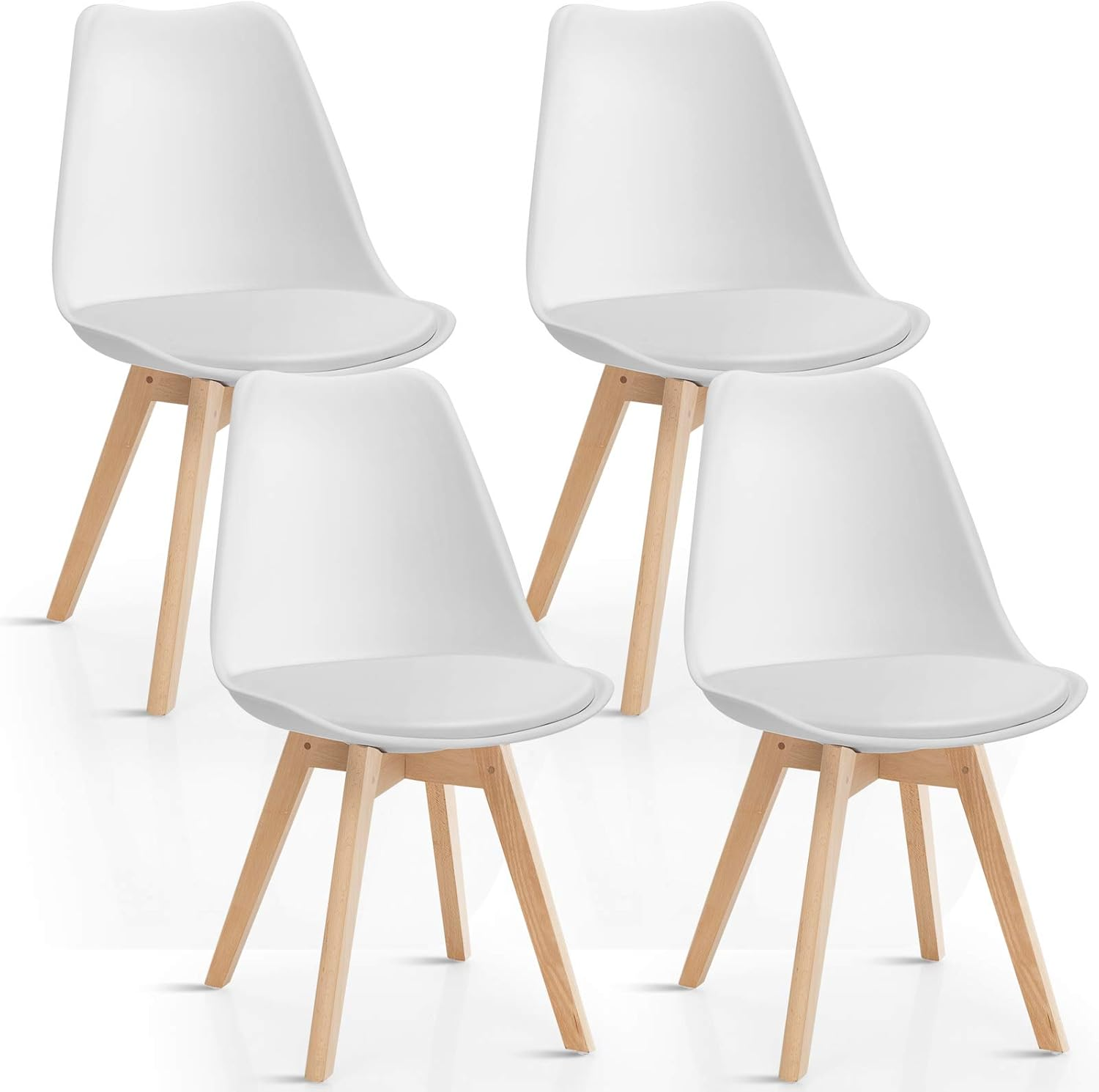 Giantex Set of 4 Modern Dining Chairs, High Backrest Kitchen Chairs, Elegant Mid Century Side Chairs W/Padded Seat, Solid Wood Legs, Upholstered Tulip Chair for Dining Room, Living Room (White) image number 3