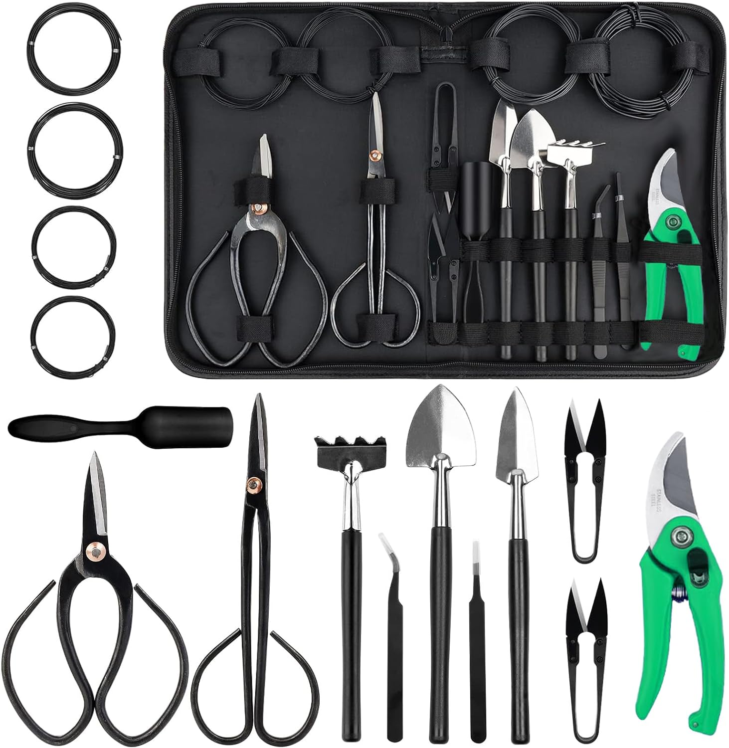 Bonsai Tree Kit, Garden Tools Set 16 PCS Succulent Kit Bonsai Hand Tool Set Bonsai Starter Kit Gardening Trimming Tools Include Pruning Shears, Carbon Bonsai Scissors, Wire, Rake Shovel Leaf Cutter