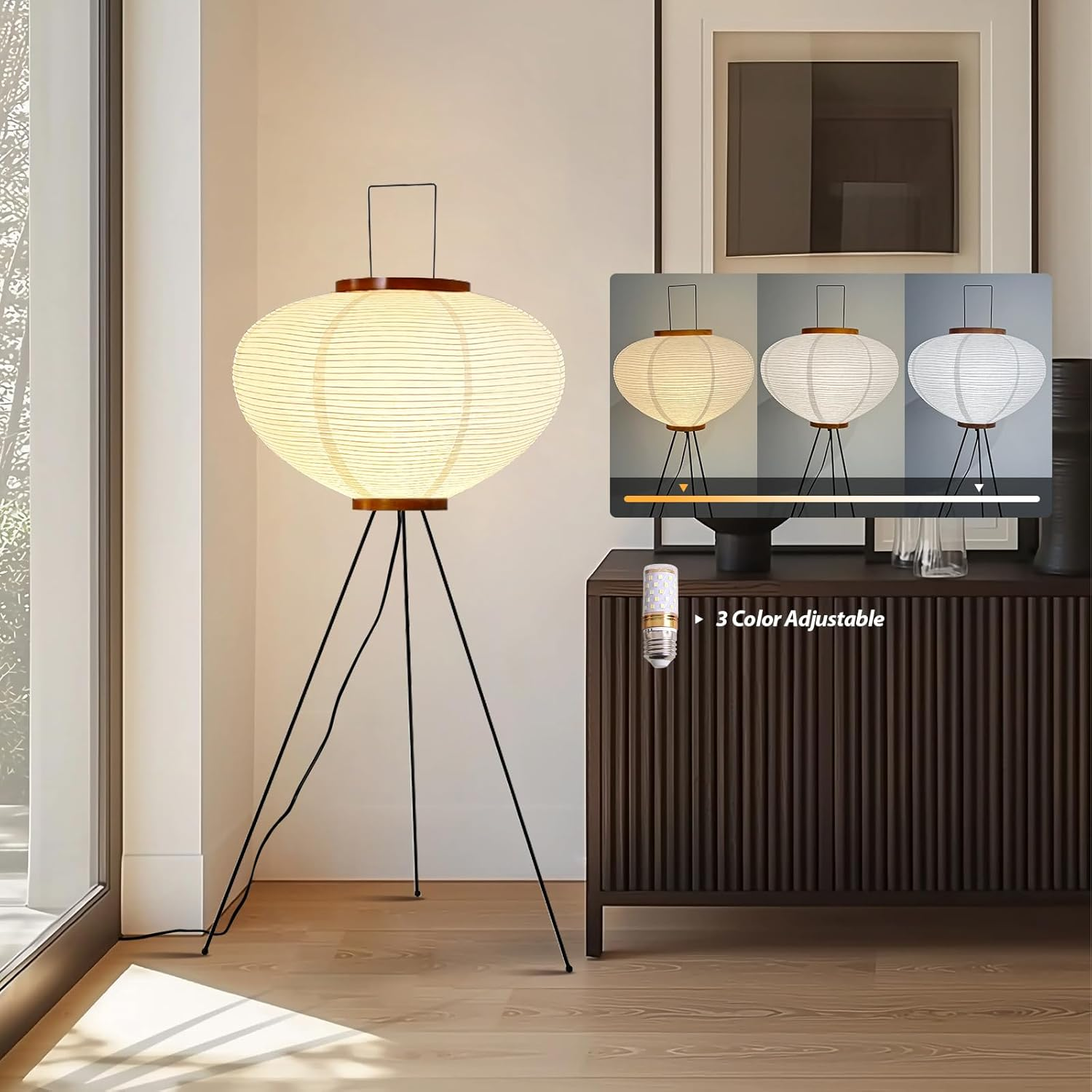 Noguchi Paper Lamp, Rice Paper Akari Floor Lamp, Paper Lantern Lamp with Washi Paper Shade, Ideal for Bedside, Living Room, and Japandi D&eacute;cor image number 6