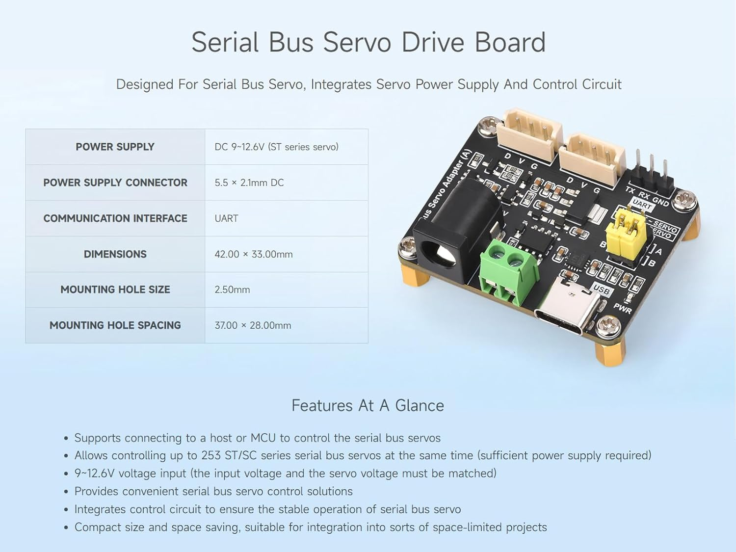 Waveshare ST/SC Serial Bus Servo Driver Board - Supports UART & USB Control, Powers up to 253 Servos, 42Mm X 33Mm, Mini ITX Motherboard image number 1