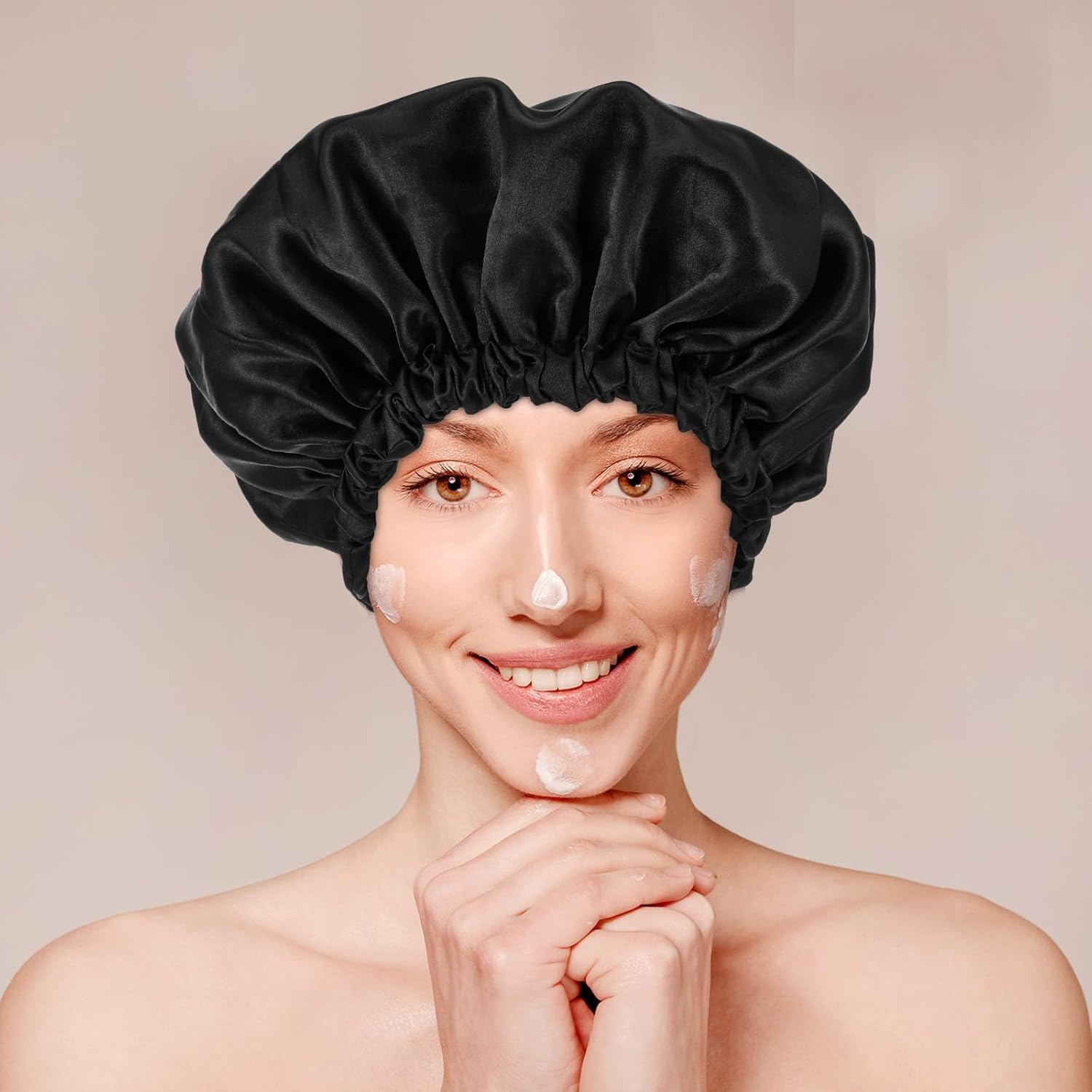 Shower Caps for Women,Triple Layer Shower Cap with Dry Hair Function,Waterproof Showers Cap,Terry Cloth Lined Reusable,Practical Bathing Accessories,Soft Wrap for Long Thick Hair(Black)