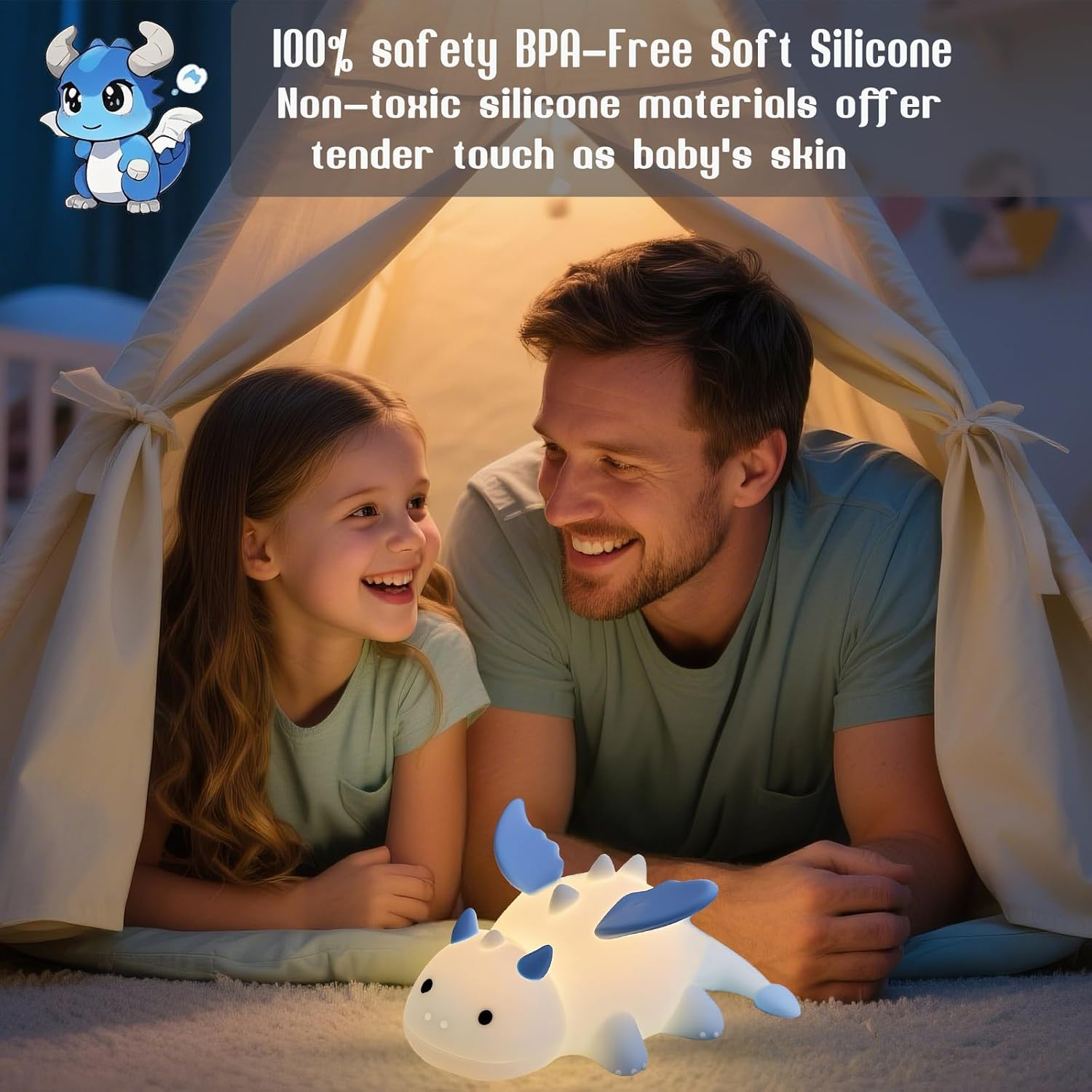 POSSHE Dragon Night Light, Cute Baby Dragon Gifts, Soft Silicone Lamp with 3 Level Warm Light and RGB Changing, Breastfeeding Nursery Portable Kawaii Bedside Lamp for Baby, Toddler, Boys and Girls - Color 1 image number 3