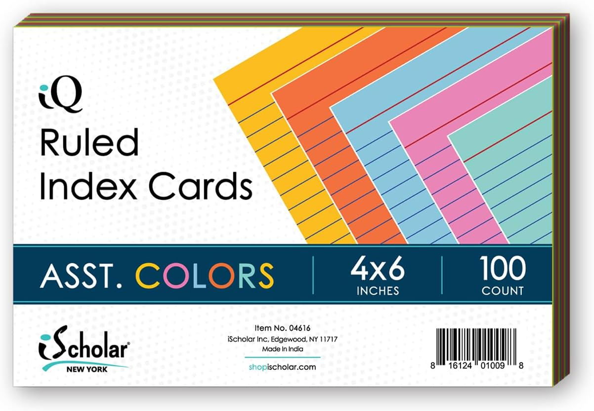 Ischolar Index Cards, Assorted Colored, Ruled, 4 X 6 Inches, 100 Card Pack (04616)