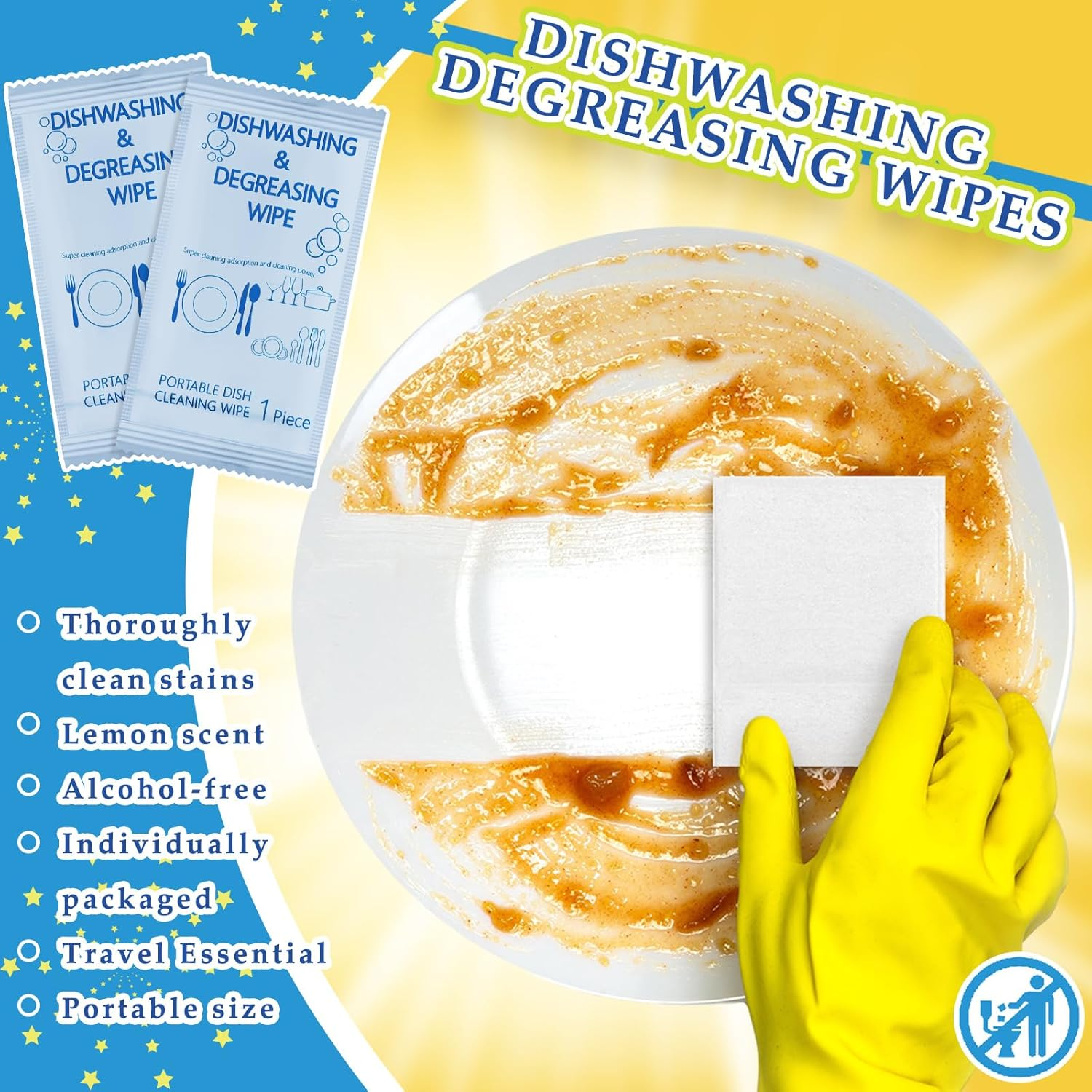 Tondiamo 300 Pcs Portable Wipes Dish Wipes Single Use Wet Wipes Individually Wrapped Traveling Dish Wipe with Lemon Scent for Quick Work Family Outdoor Camping image number 5
