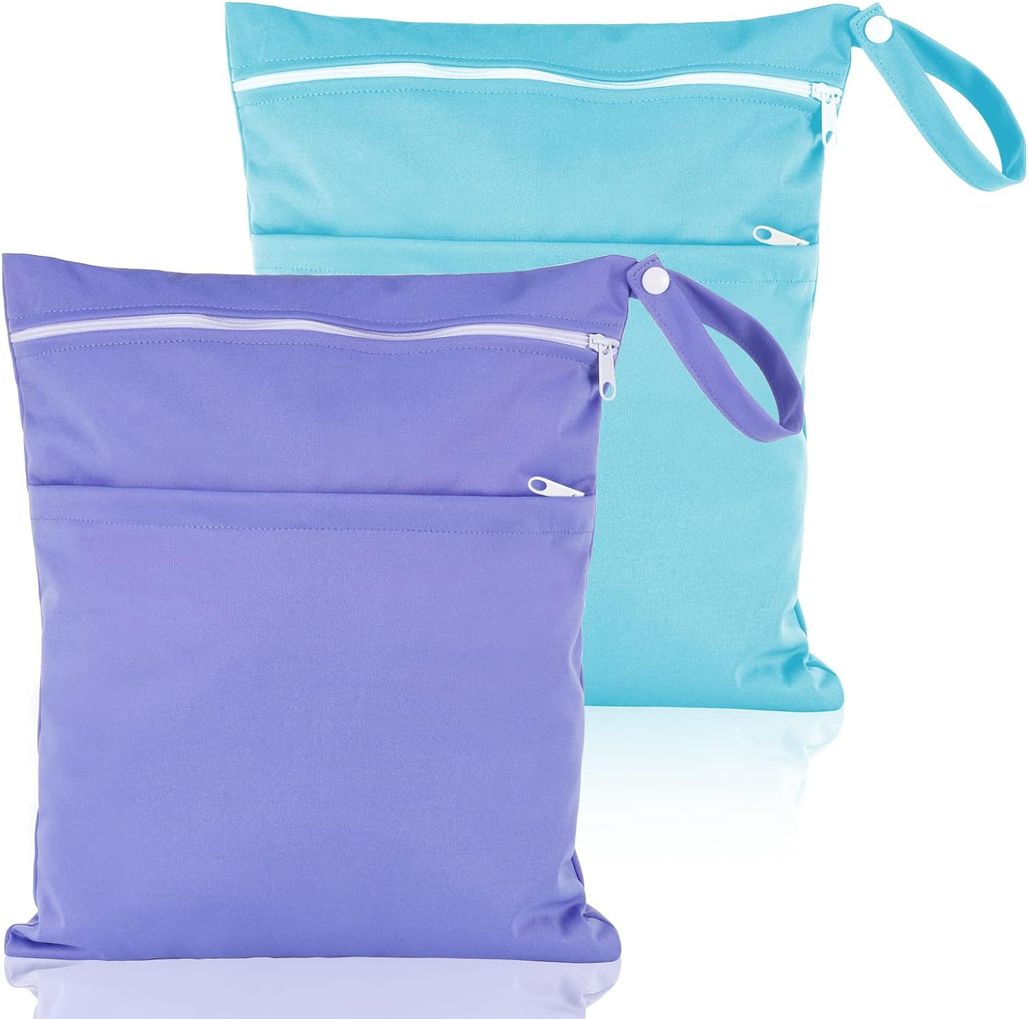 2 Packs Wet Bag, Waterproof Wet Dry Bags Reusable Washable Cloth Diaper Bags Nappy Bags with Double Zipper Pockets for Baby Items Wet Clothes Swimming Gym Pool Beach Bag, Purple+Green,