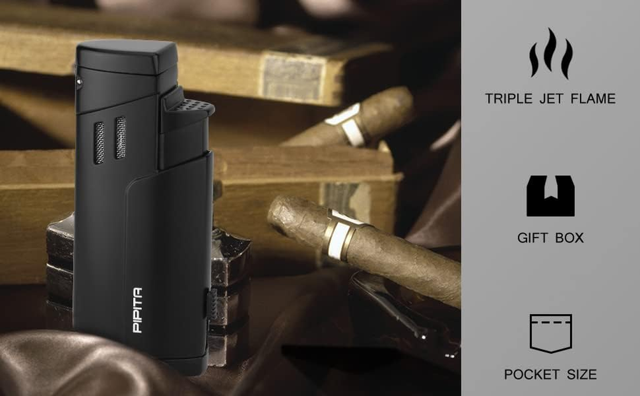 PIPITA Torch Lighter Windproof Triple Jet Flame Butane Lighter with Punch Refillable Zinc Alloy Lighter, Color Change Design of Visual Gas Window (Butane Not Included) (Black) image number 3