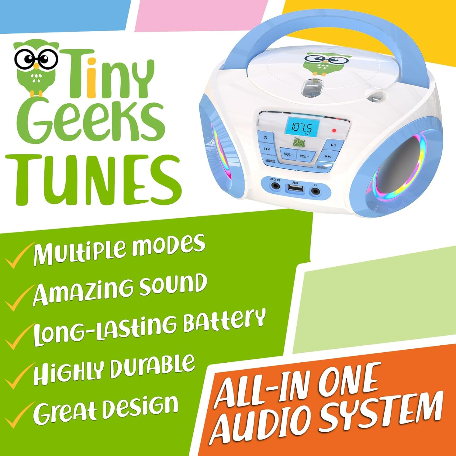 Tunes Kids Boombox CD Player for Kids - New - FM Radio - Batteries Included - Cute White Radio Cd Player with Speakers for Kids and Toddlers - Blue