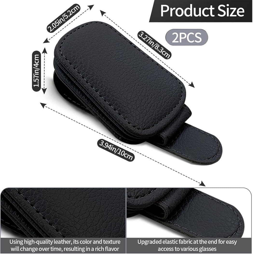 Pack of 2 Glasses Holders for Car, Leather Magnetic Sunglasses Holder, Car Visor Universal Glasses Holder, Sunglasses Holder, Ticket Card Clip, Car Accessories,Black image number 2