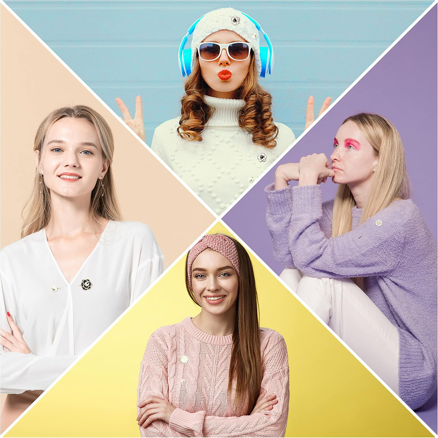 4 Pieces Sweater Shawl Clip Pearl Brooches Rhinestone Safety Pins for Women Girls Bouquet Pins Clothing Decoration image number 5