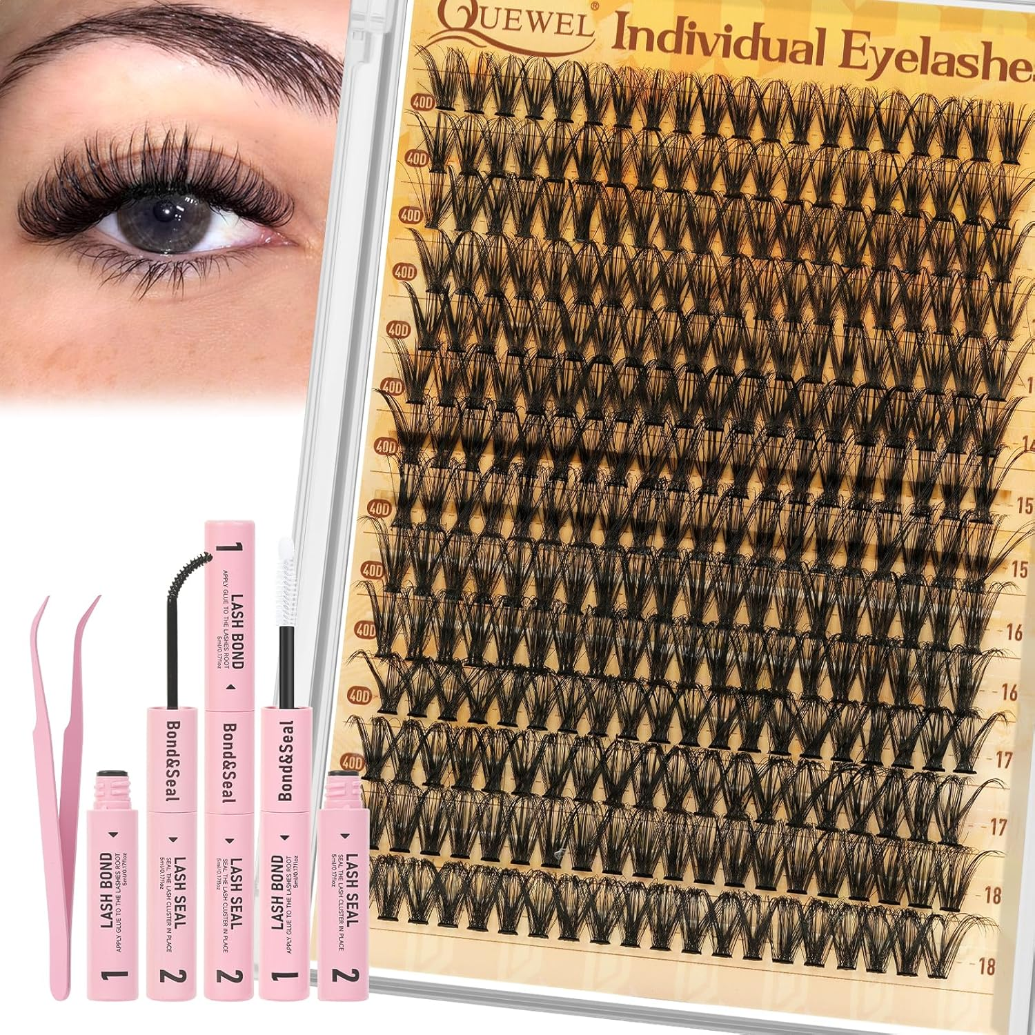 QUEWEL DIY Lash Extension Kit 280Pcs Lash Clusters Eyelash Extension Kit Mix 12-18Mm 30D 40D Individual Lashes Kit with Lash Bond and Seal and Tweezers for Easy DIY at Home(Dj-30+40D Kit)