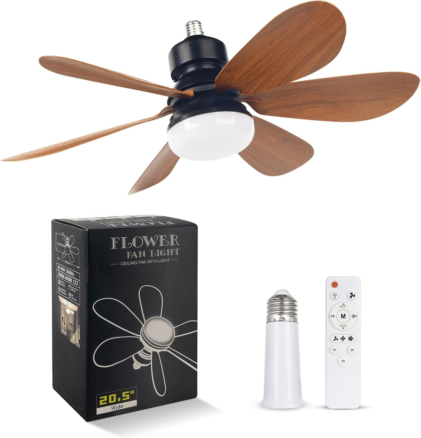 EEK Socket Fan Light with Ultra Quiet Design, 20.5&Prime; Ceiling Fans with LED Lights and Remote, Screw in Fan Light for E26/E27, 3 Speeds 3 Colors 3000-6500K,1200 Lumens for Living Room (Woodgrain)