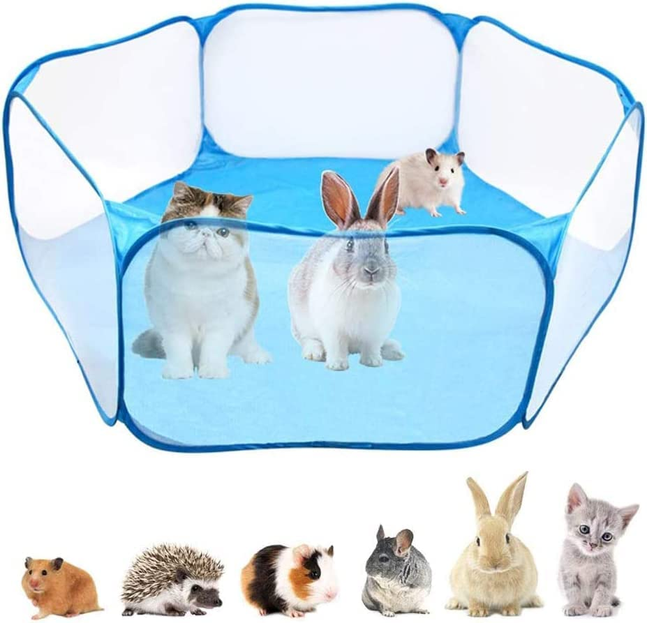 Small Animals C&C Cage Tent,Breathable&Transparent Pets Playpen Folding Exercise Fence,Portable Yard Fence for Guinea Pig, Rabbits, Hamster, Chinchillas and Hedgehogs, Reptiles(Blue) image number 1