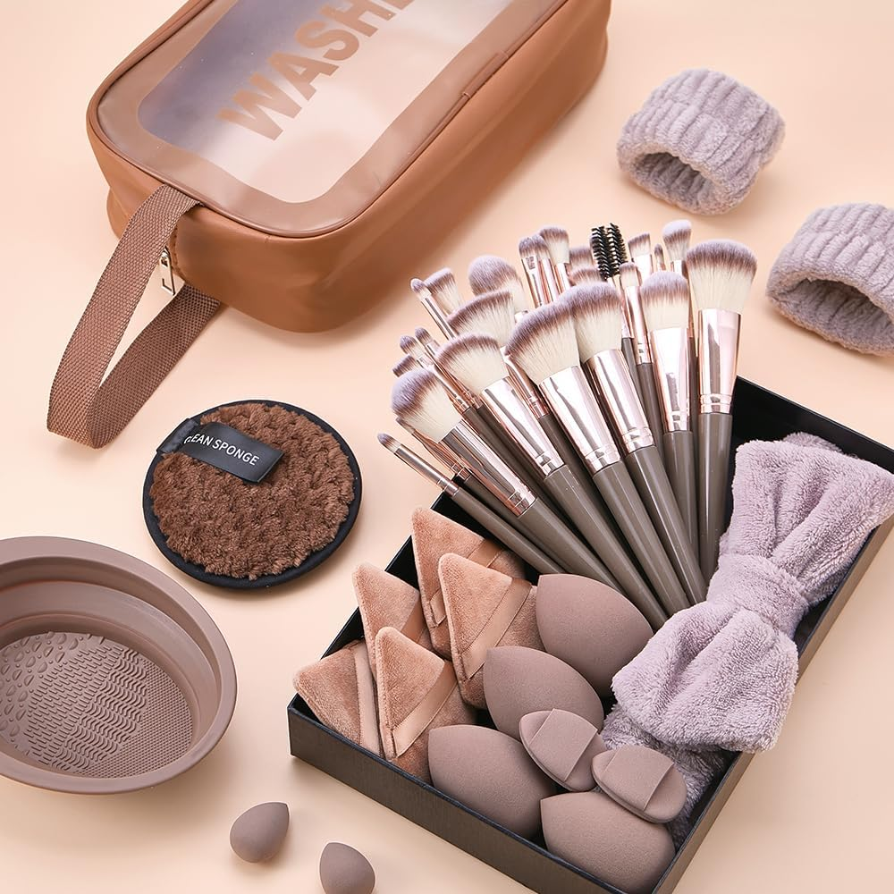 Slowton 56 PCS Makeup Brushes Set, Professional Makeup Kit with 30 Makeup Brushes, 10 Powder Puffs & 10 Sponges, Foundation Concealer Eyeshadow Brush Kit (Brown) image number 1