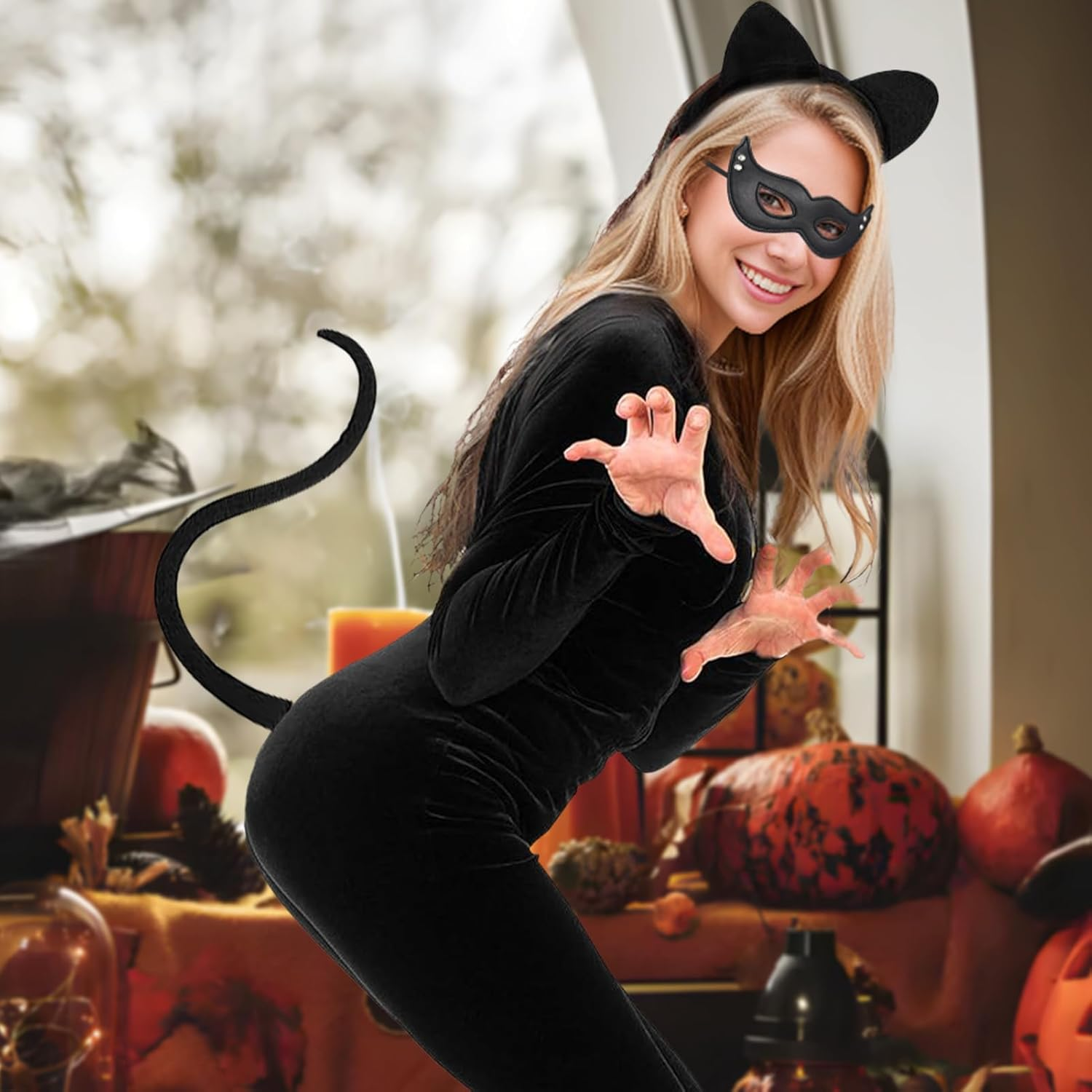 Joyesplay Catwoman Costume for Women,Black Catsuit Jumpsuit,6Pc Catwoman Halloween Costume Set with Black Mask,Headband,Bow Tie,Tail,Gloves, Anime Cosplay Accessories image number 3