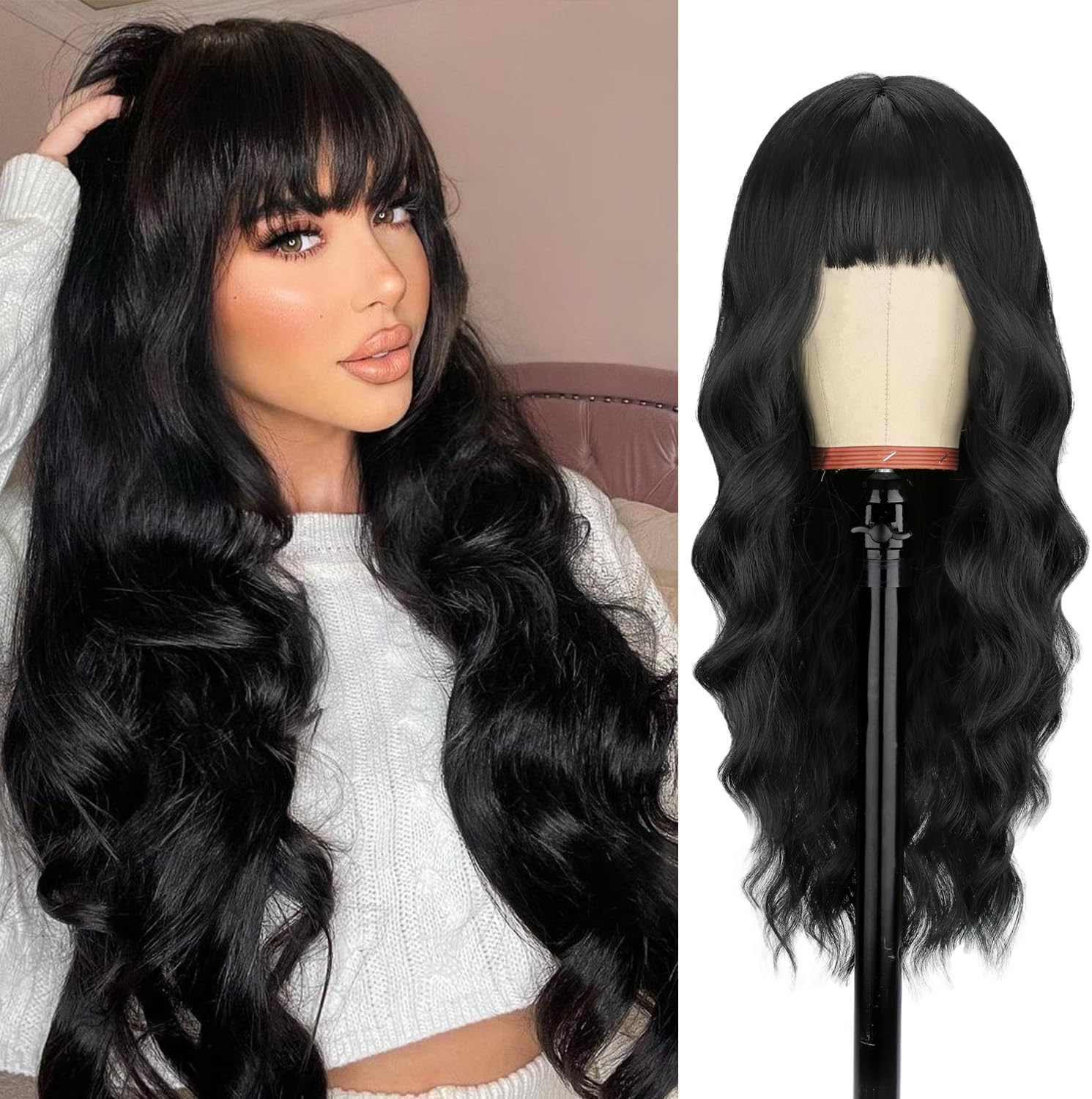 XILIYAI Long Black Straight Wigs for Women 26 Inch Glueless Realistic Synthetic Wig with Bangs Heat Resistant Natural Layered Wig for Girls Daily Party Cosplay