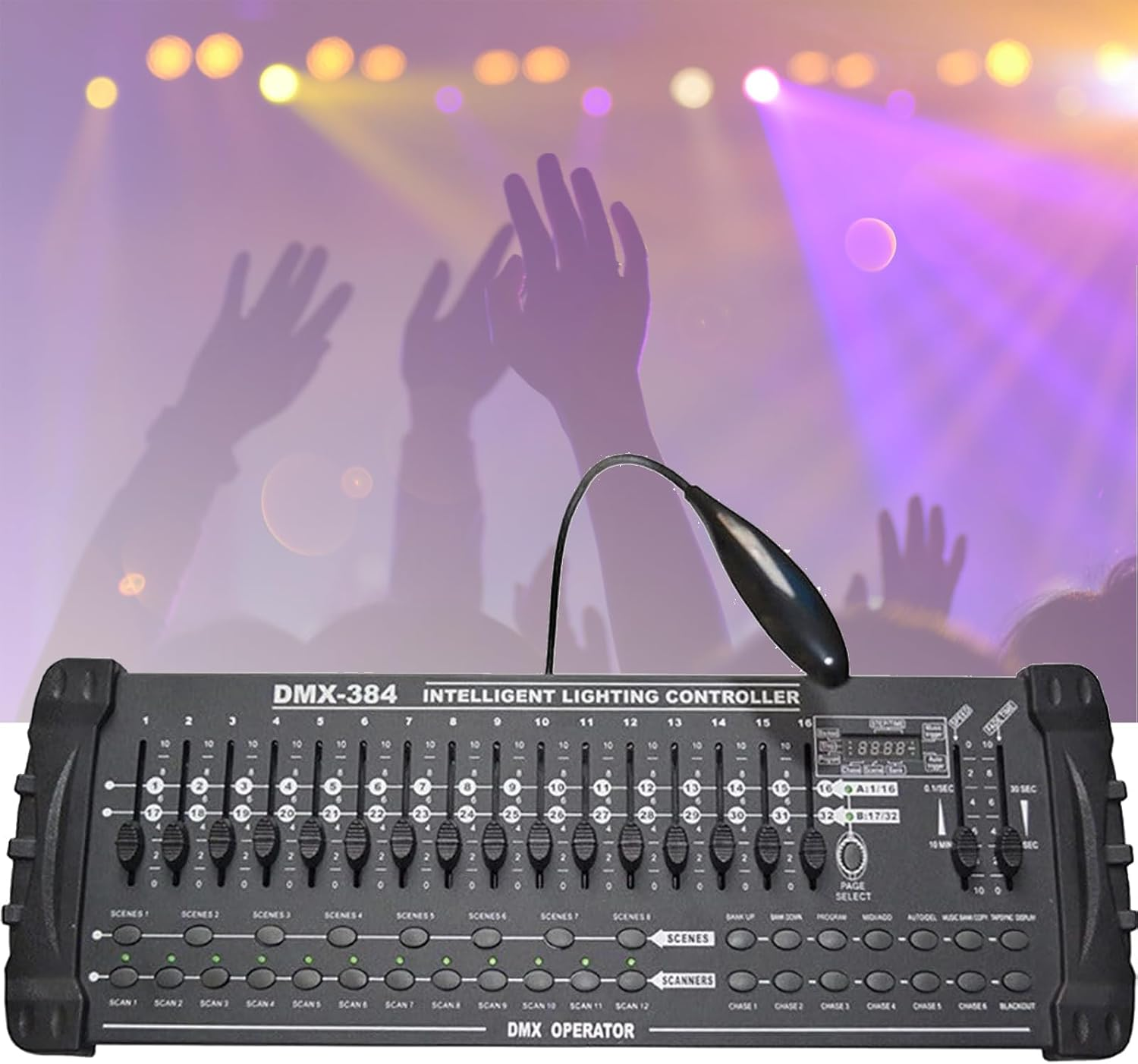 DMX 384 A/B Console, DMX-512 DJ Controller - Control of 24 Devices with 16 DMX Channels, LED Digital Display, Programmable, Built-In Amplifier, for Professional Dj,Bar, Stage Club,Black